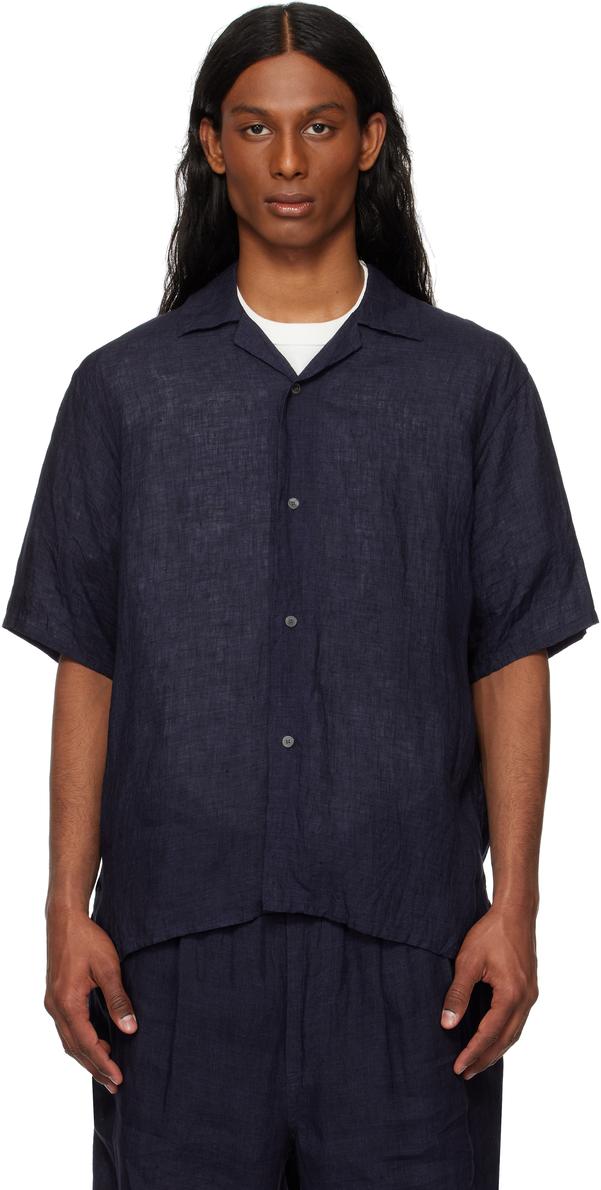 Ylève Navy Linen Poplin Shirt