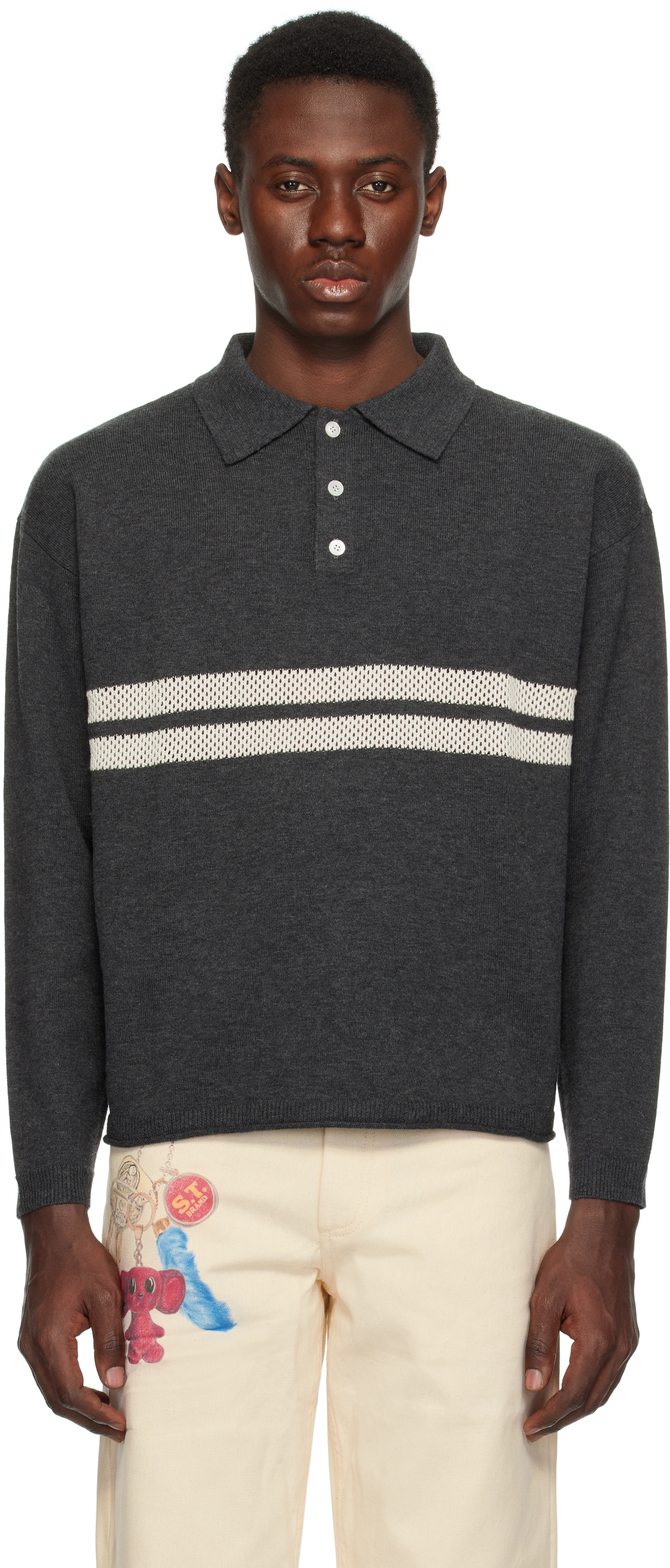 Gray Mesh Stripe Knit Polo