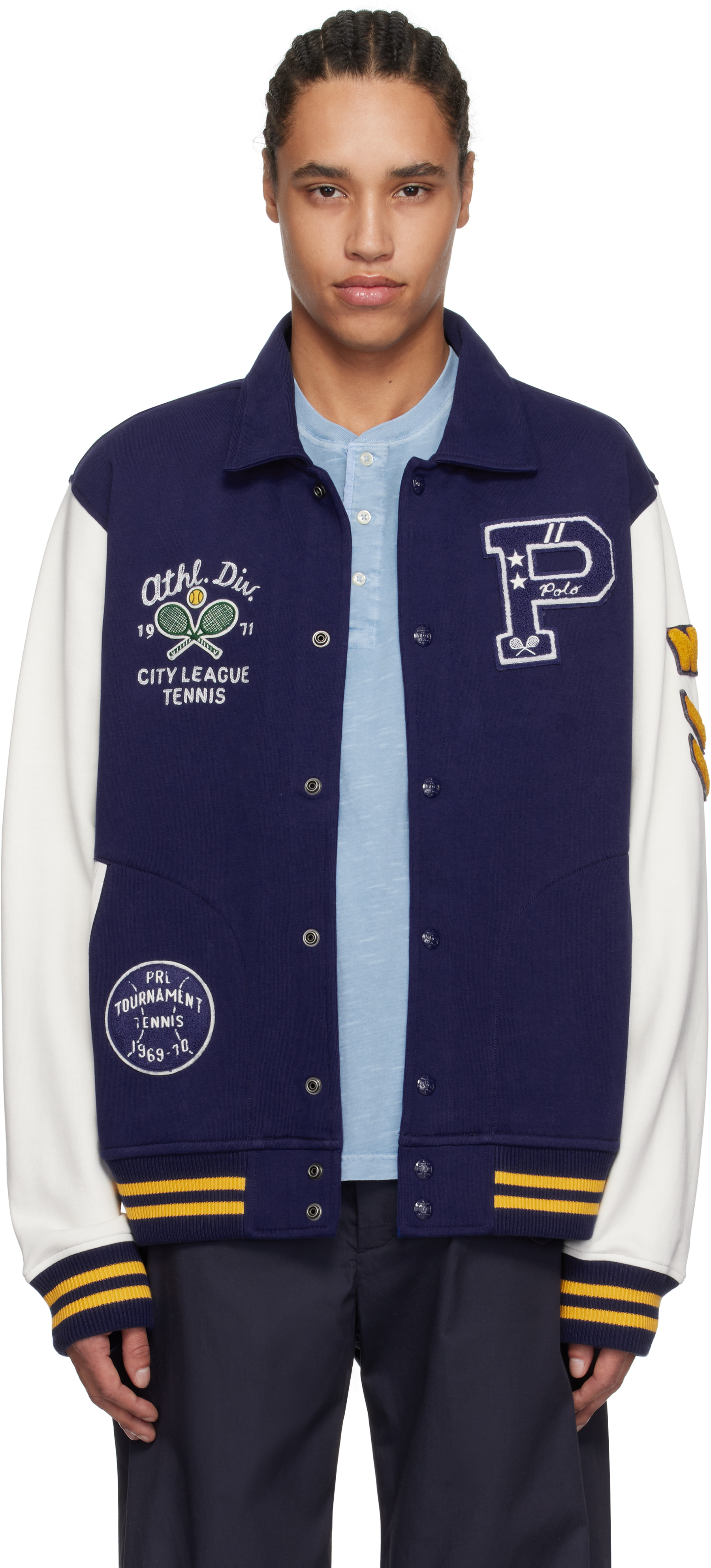 Polo Ralph Lauren: Blue Fleece Varsity Jacket | SSENSE Polo Ralph Lauren: Blue Fleece Varsity Jacket | SSENSE