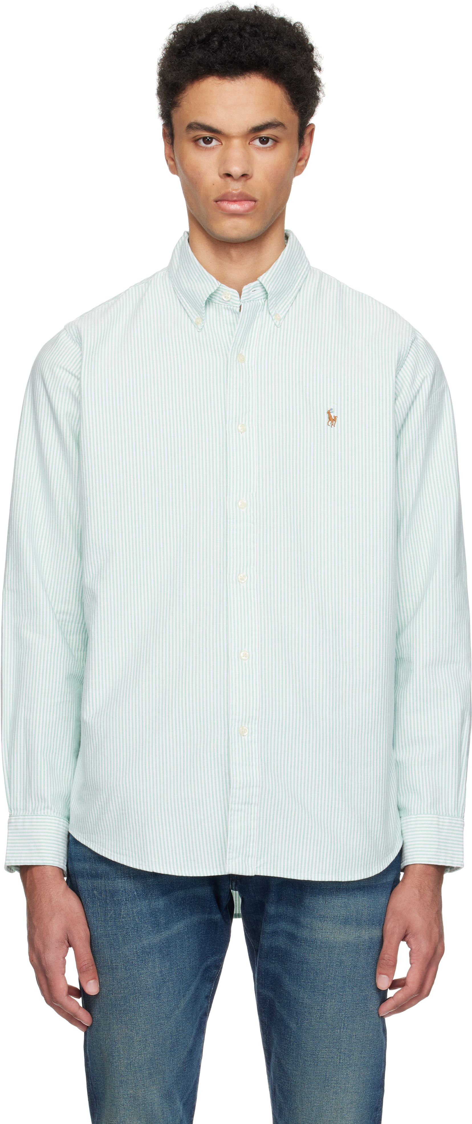 Green & White Classic Fit Striped Oxford Shirt