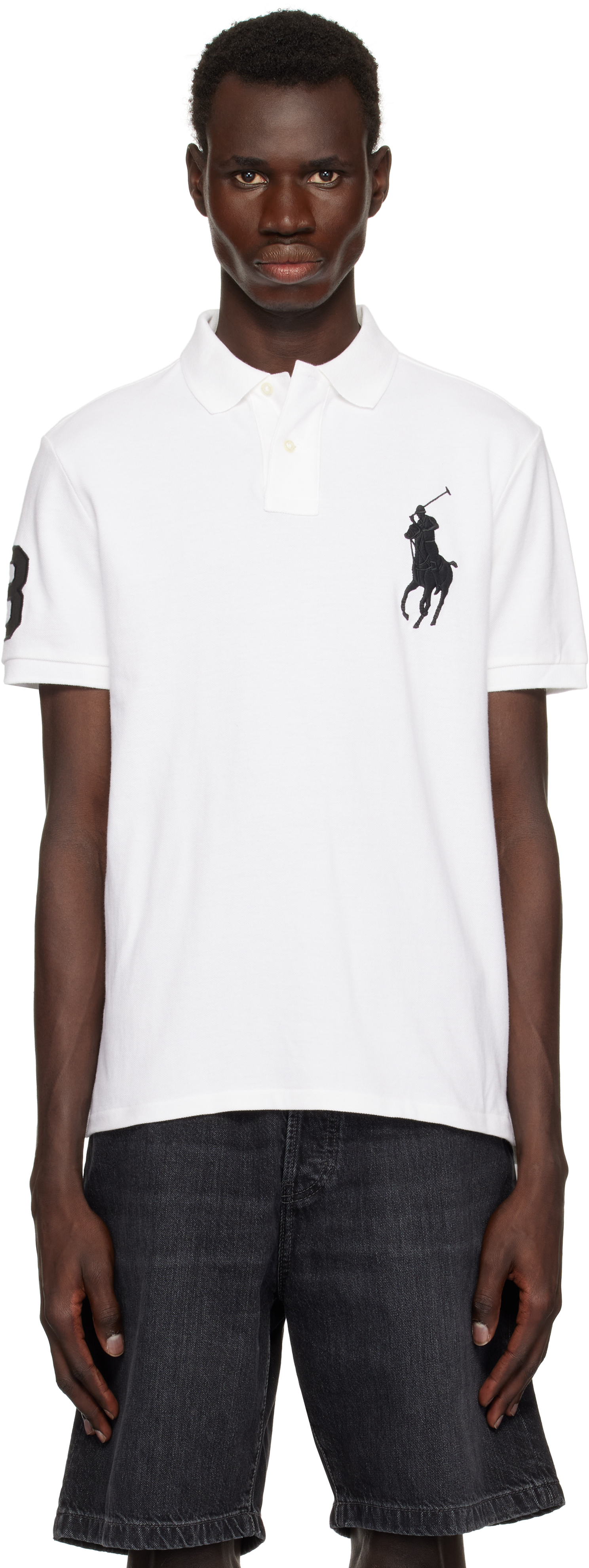 White Custom Slim Fit Big Pony Mesh Polo