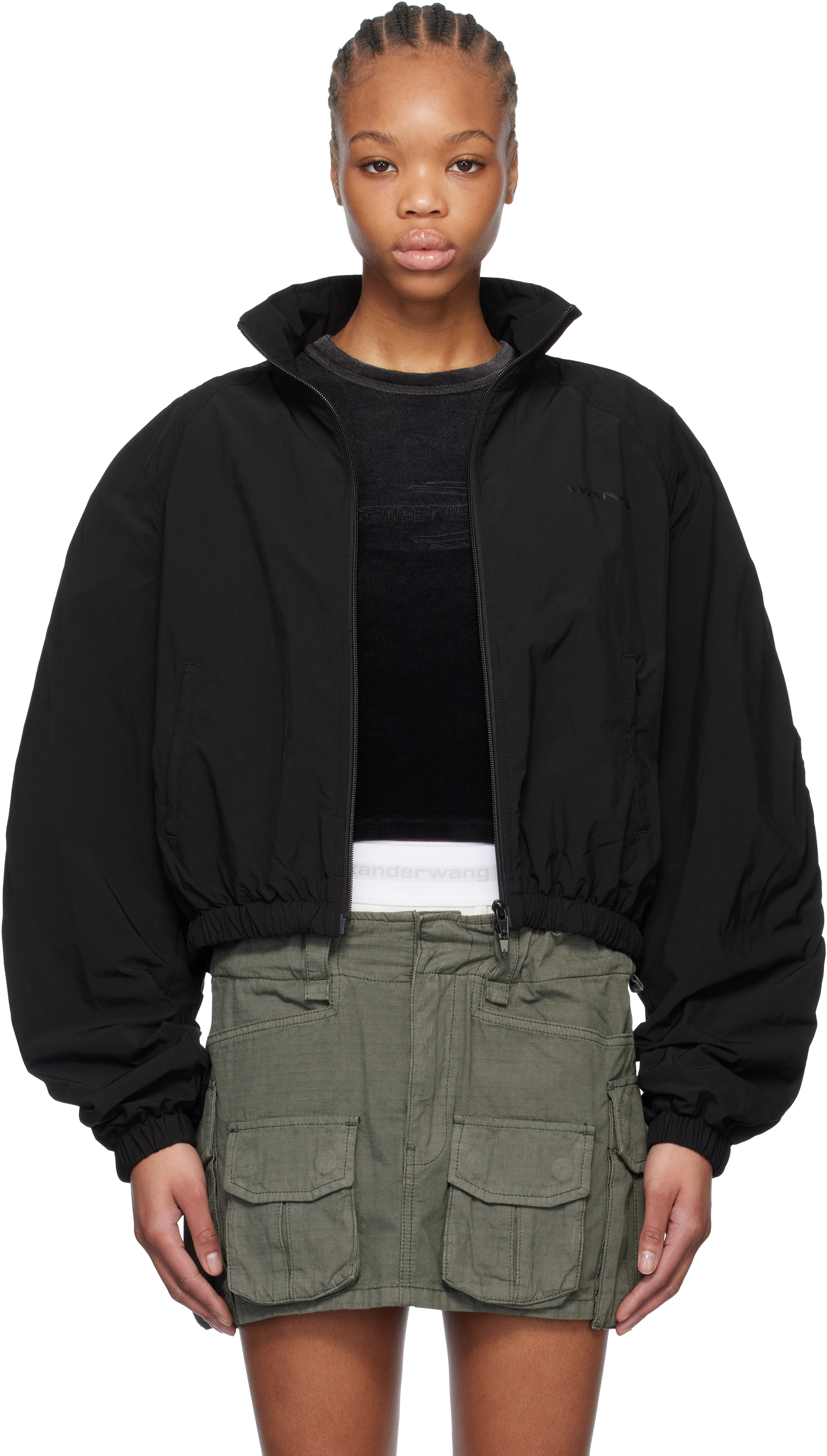【ALEXANDER WANG】Nylon Track Jacket S Track Jacket in Primal Lambskin Leather in BLACK