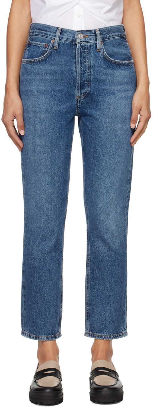 Shop Agolde Blue Riley High Rise Straight Crop Jeans In Control (dk Vint Ind