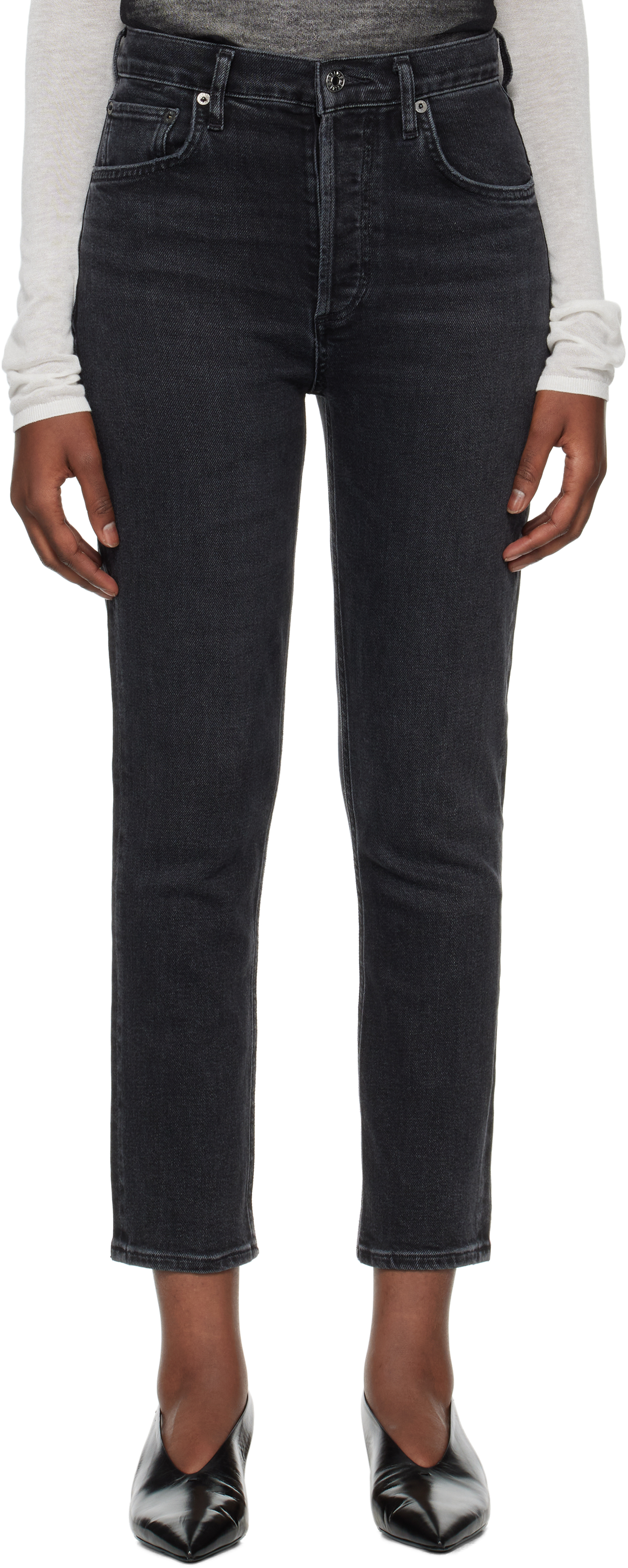 Agolde Black Riley High Rise Straight Crop Jeans In Panoramic (washed Bl