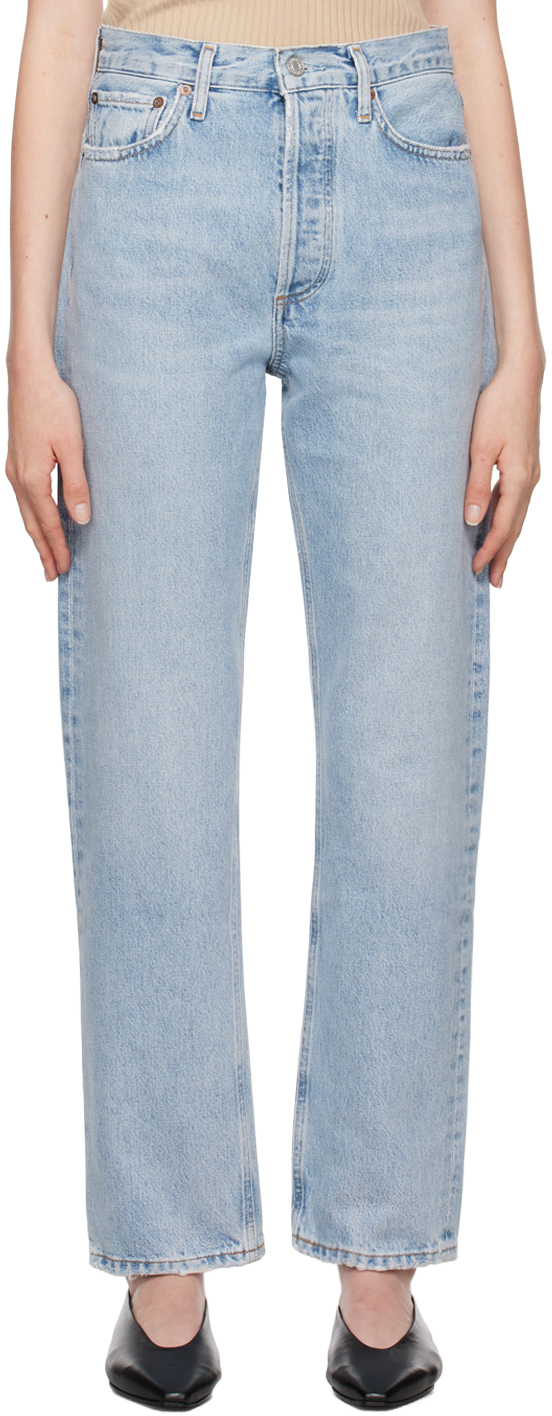 Agolde Blue 90's Pinch Waist High Rise Straight Jeans In Force (vint Marbled