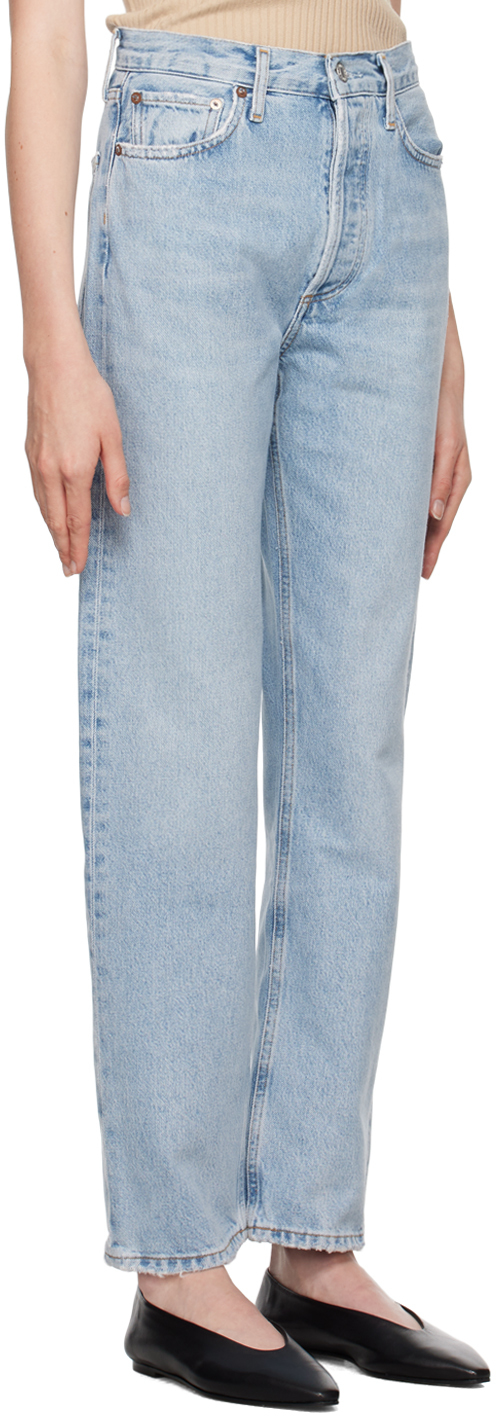 Agolde Blue 90's Pinch Waist High Rise Straight Jeans In Force (vint Marbled