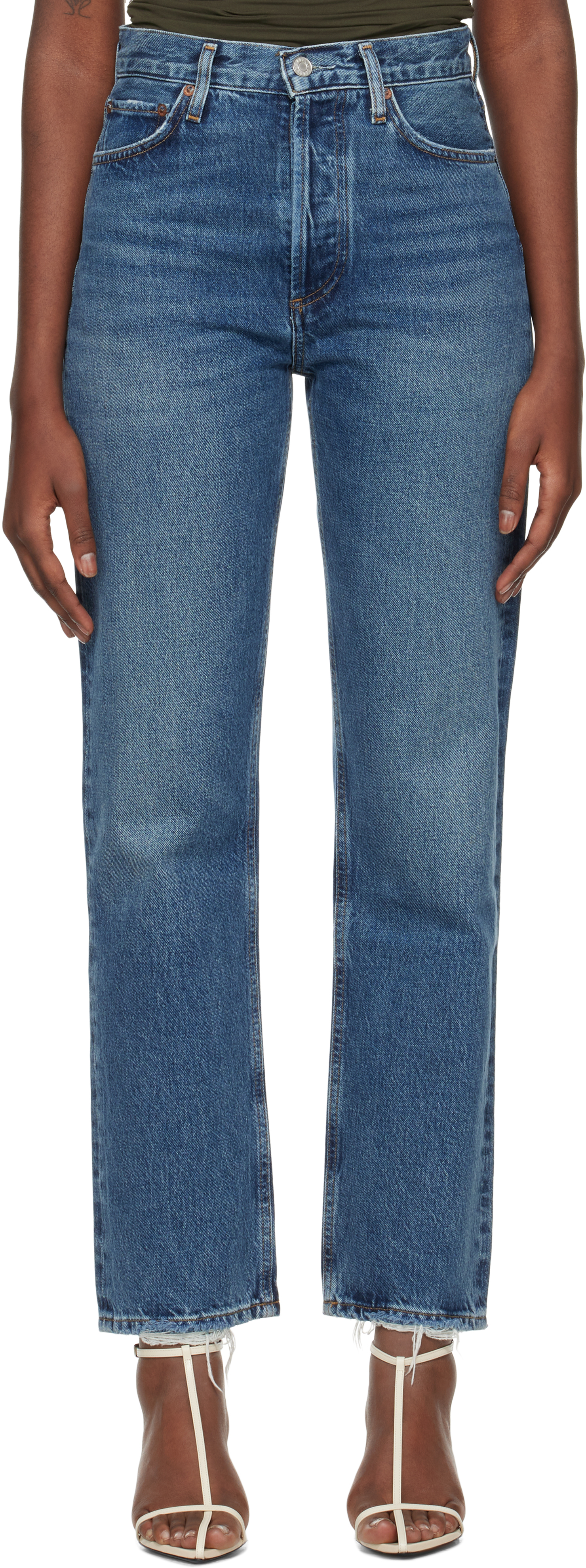 Shop Agolde Blue 90's Pinch Waist High Rise Straight Jeans In Range (dark Indigo)