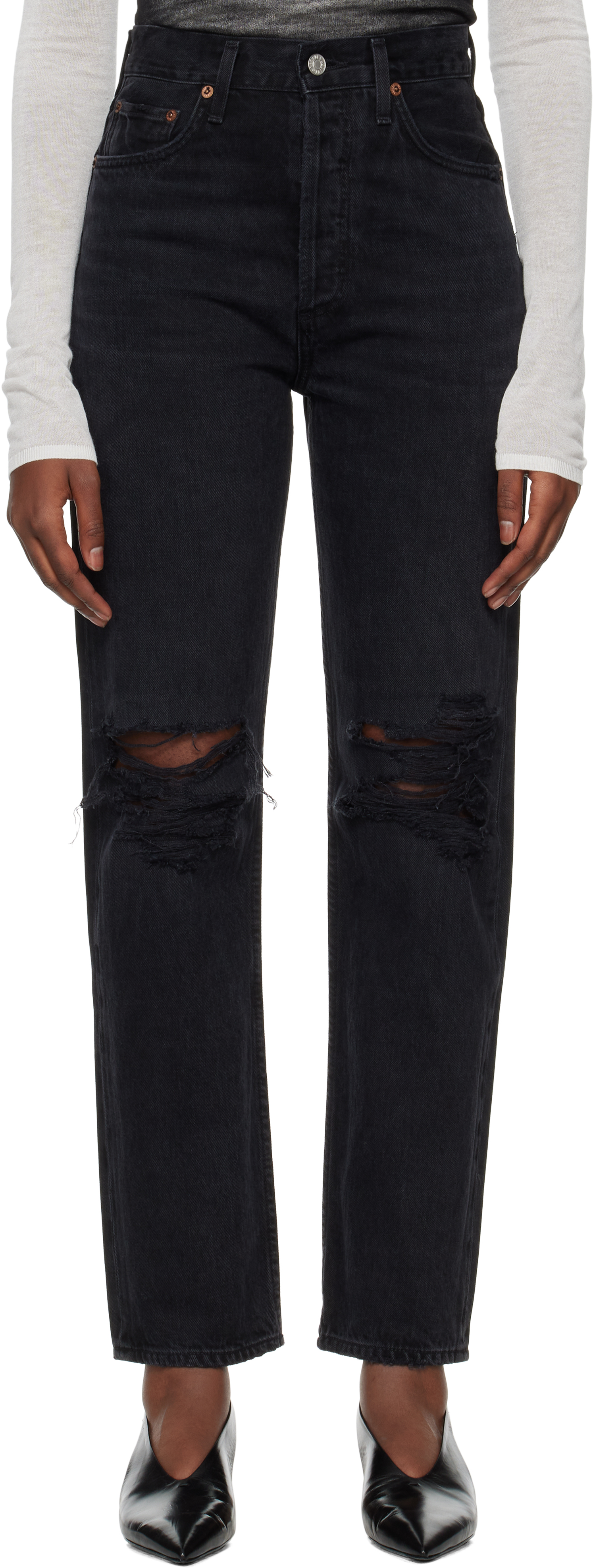 Shop Agolde Black 90's Pinch Waist High Rise Straight Jeans In Fuse (chewed Up Blk)