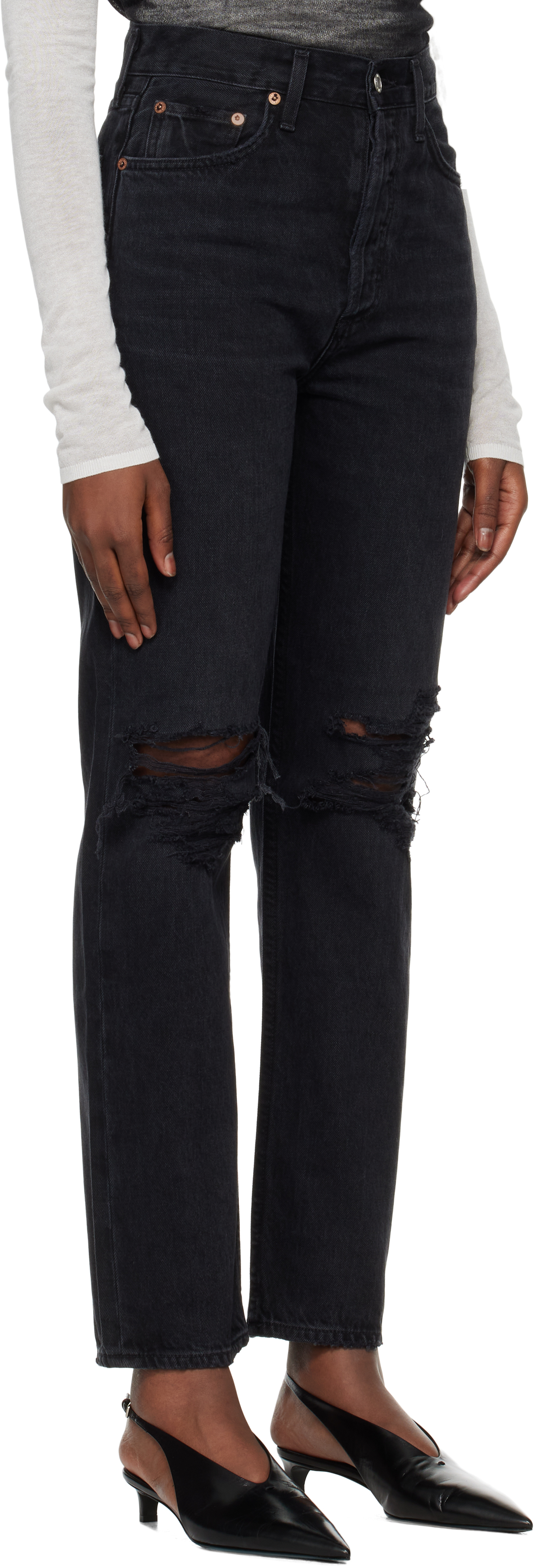 Shop Agolde Black 90's Pinch Waist High Rise Straight Jeans In Fuse (chewed Up Blk)