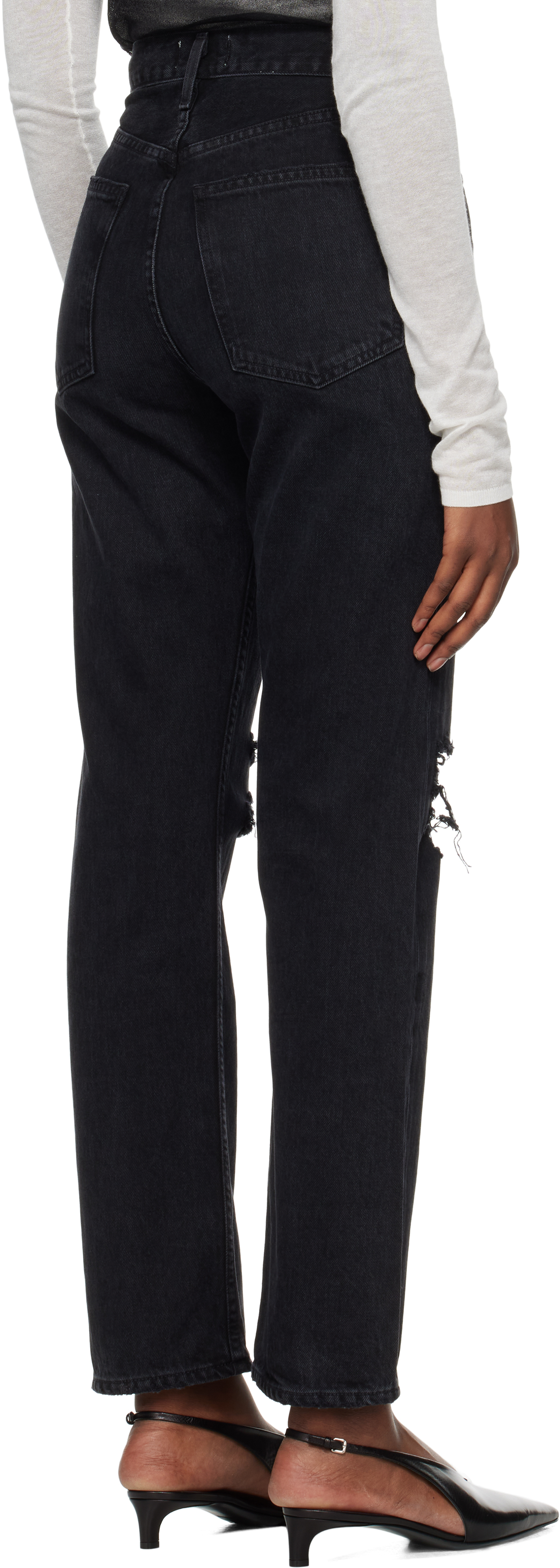 Shop Agolde Black 90's Pinch Waist High Rise Straight Jeans In Fuse (chewed Up Blk)