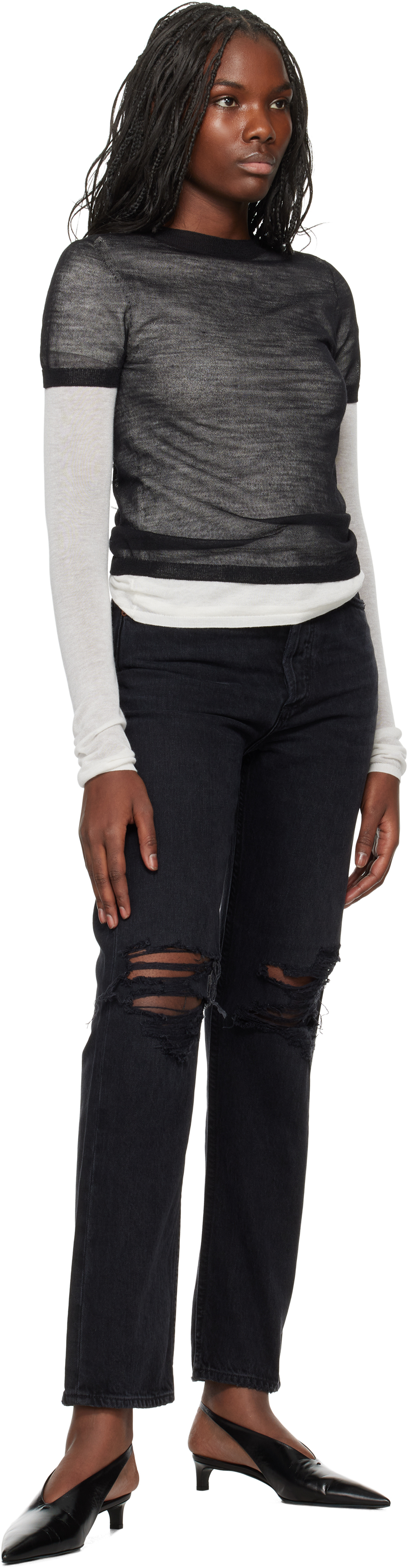 Shop Agolde Black 90's Pinch Waist High Rise Straight Jeans In Fuse (chewed Up Blk)