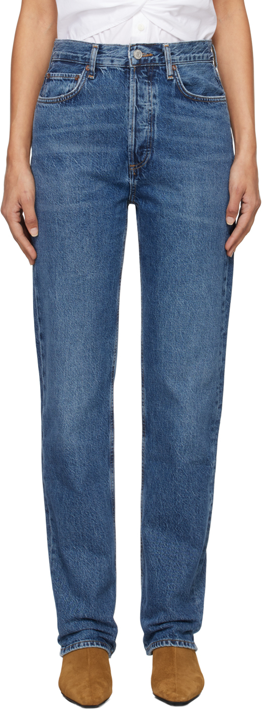 AGOLDE: Blue 90's Pinch Waist High Rise Straight Long Jeans | SSENSE