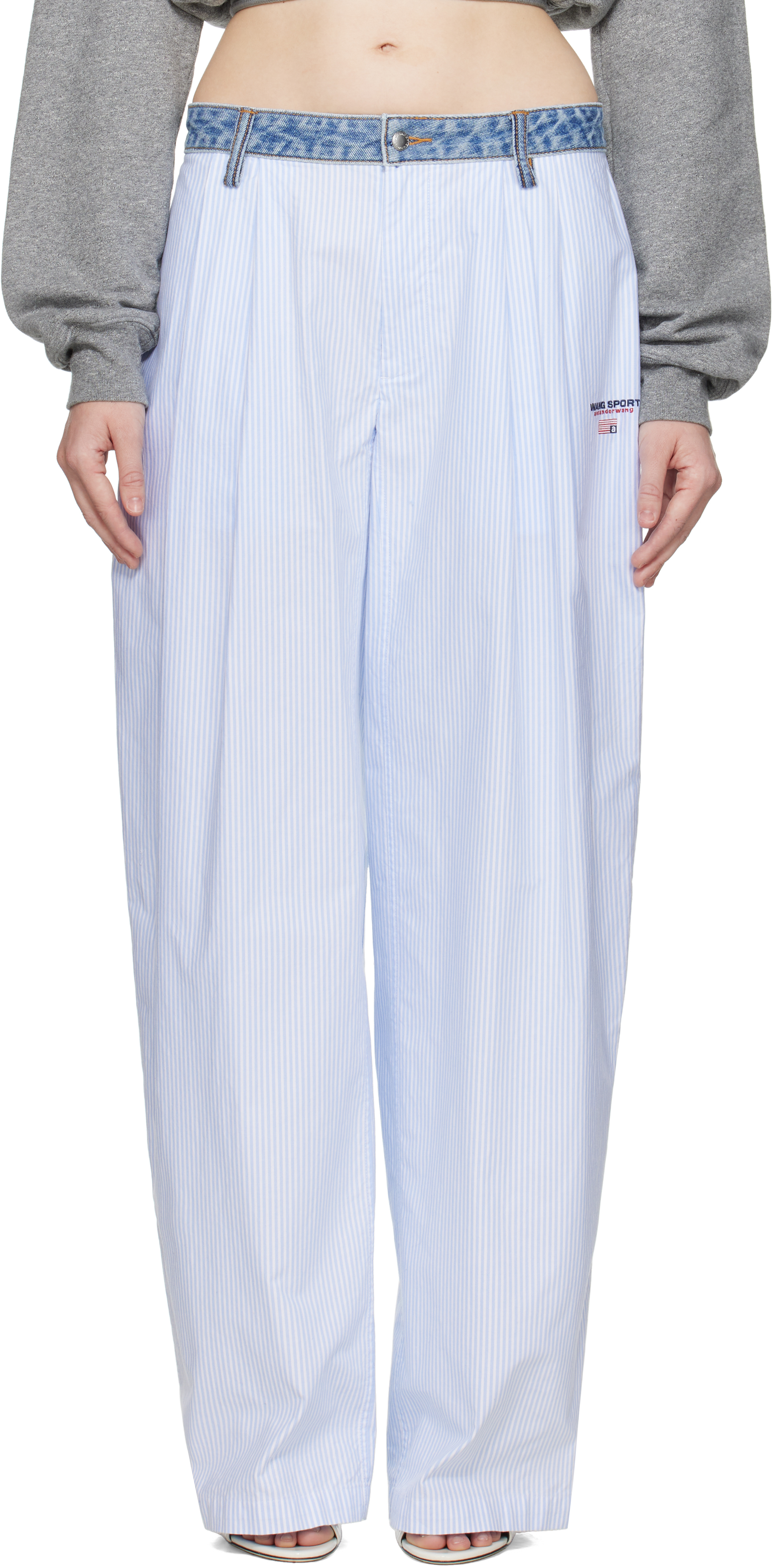 【送料&関税込】T by Alexander Wang Embroidered Oxford Overs Blue & White Denim Waistband Cotton Oxford Trousers by
