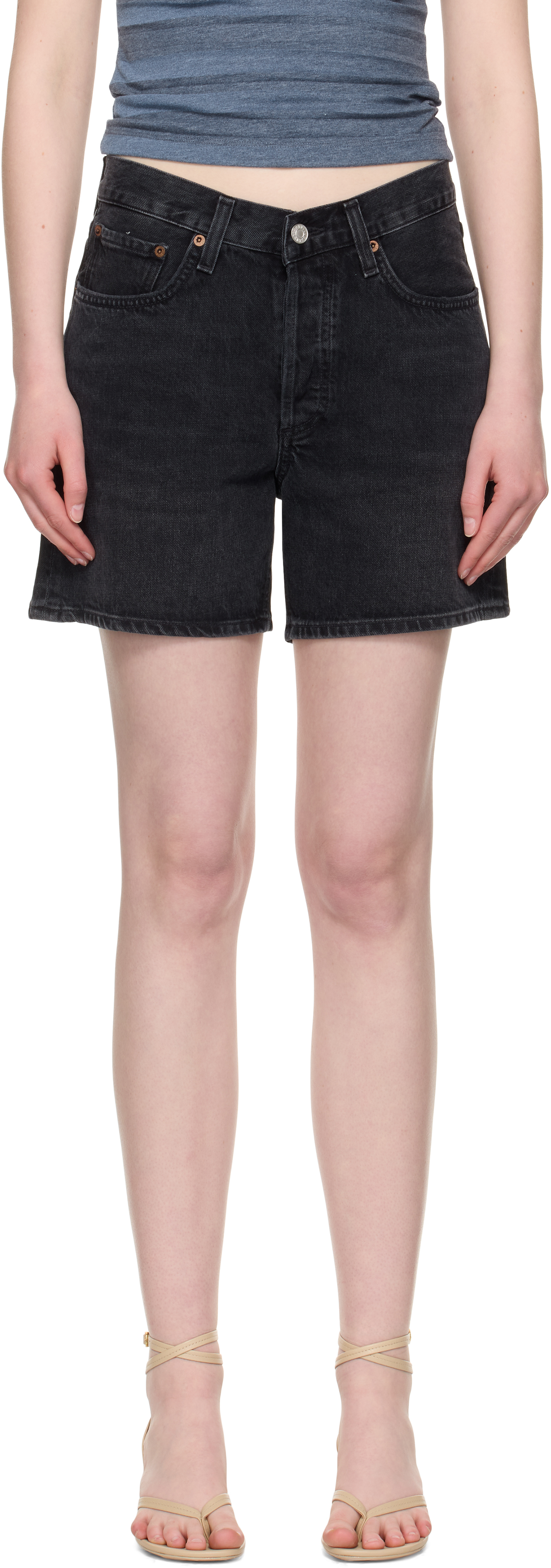 Black V-Waist Denim Shorts