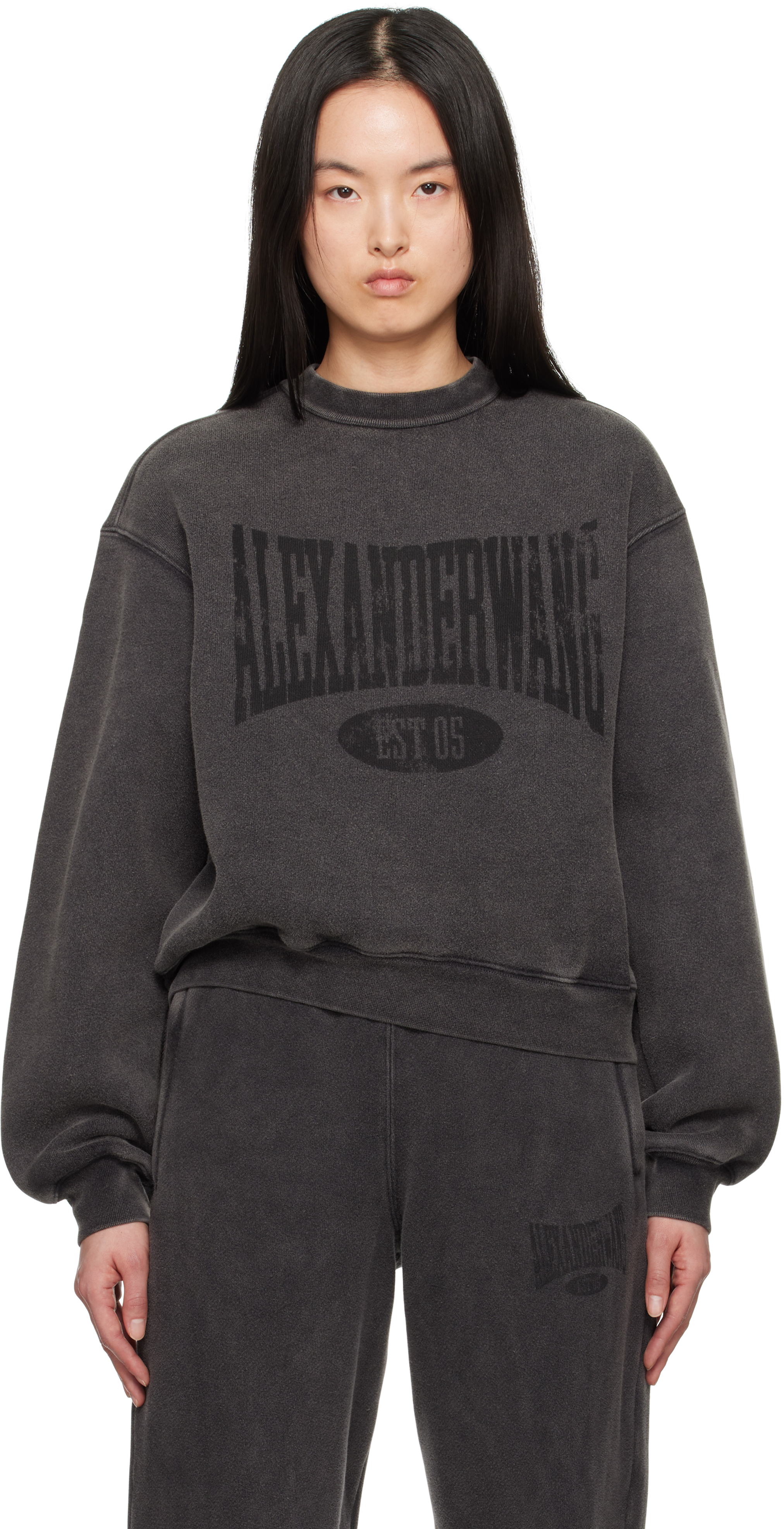 Alexander Wang T T By Alexander Wang Graphic Crew Neck Fleece In Faded Black