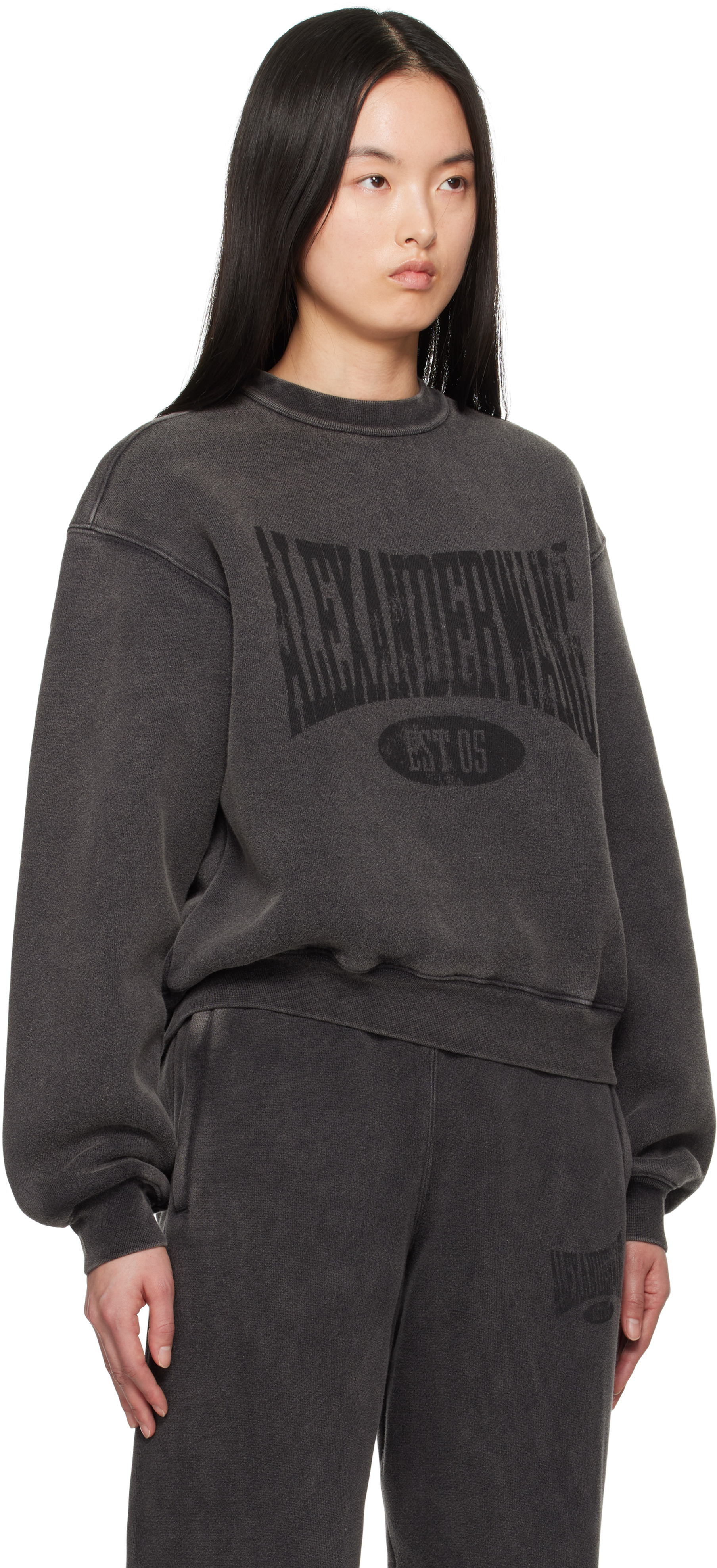 Alexander Wang T T By Alexander Wang Graphic Crew Neck Fleece In Faded Black