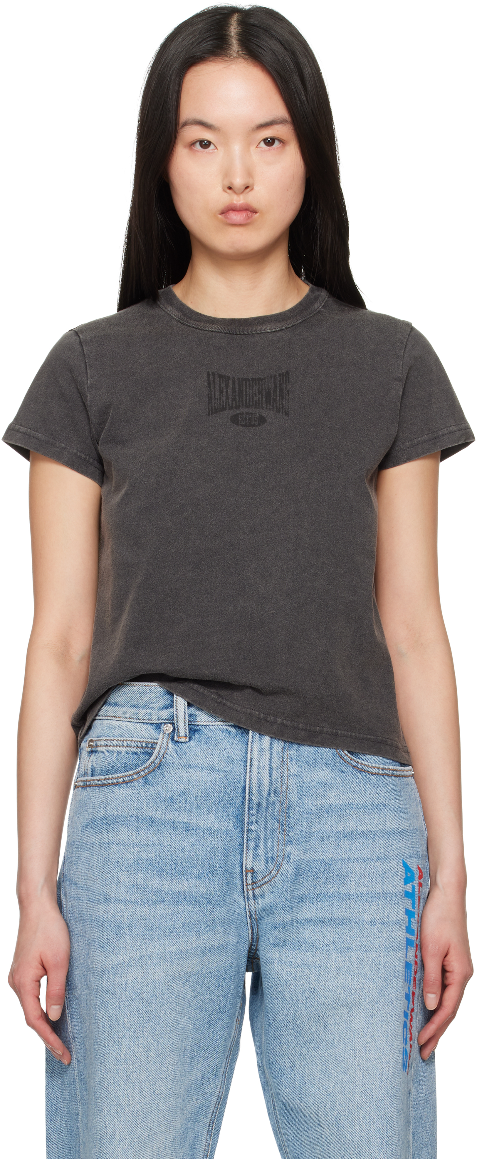 Alexander Wang ☆ディストレス ロゴ シュランケン Tシャツ alexanderwang.tのブラック ディストレスロゴ シュランケン T