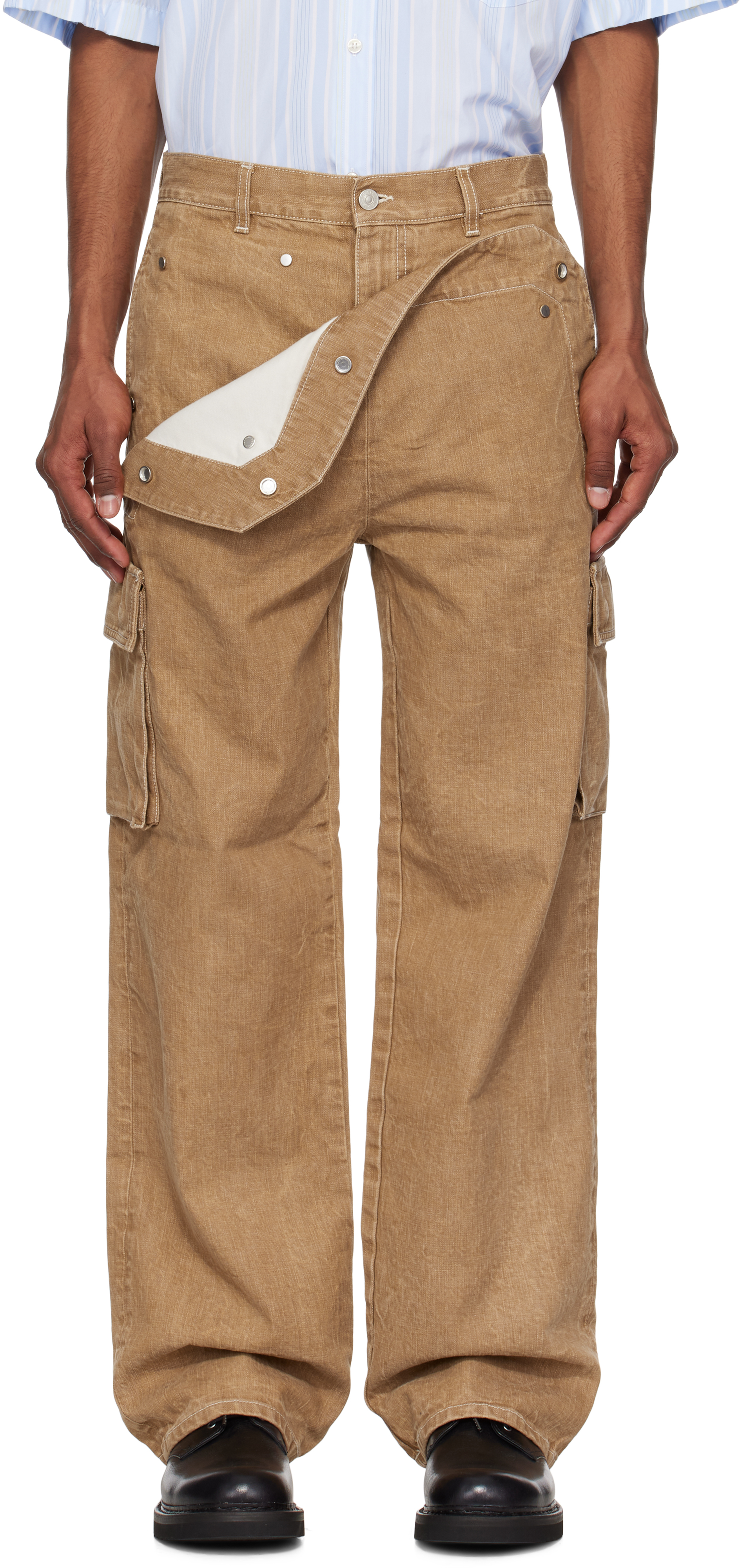 Tan Peek-A-Boo Denim Cargo Pants