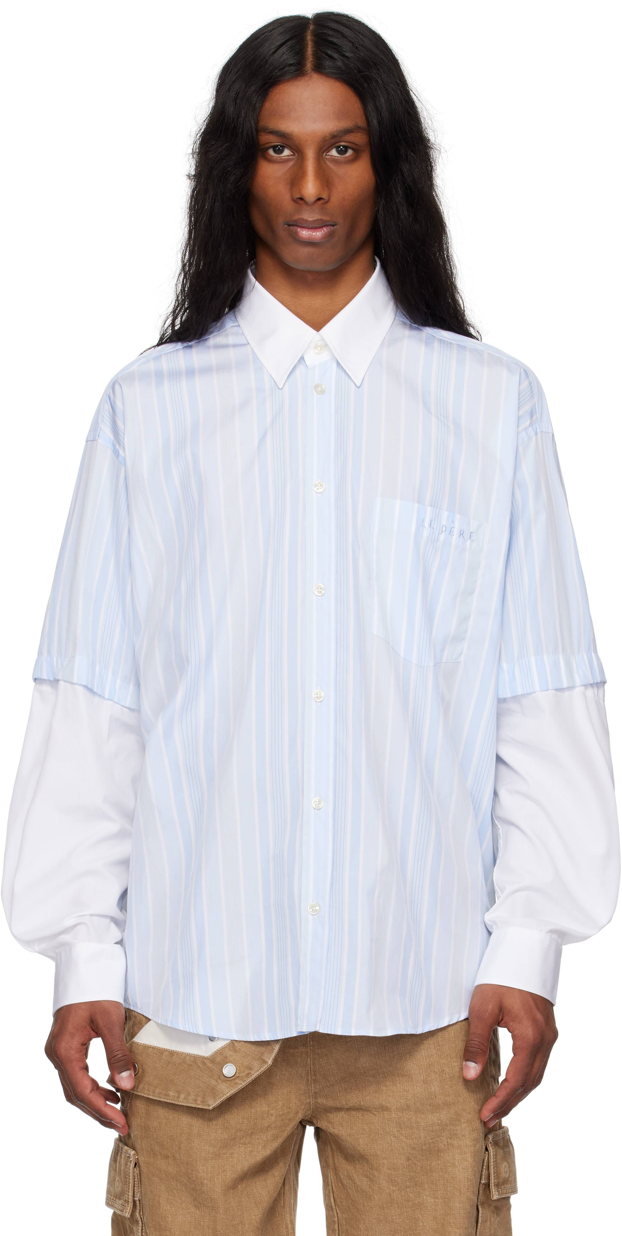 Shop Le Pere Blue & White Detached Sleeve Button Down Shirt In Blue Stripe