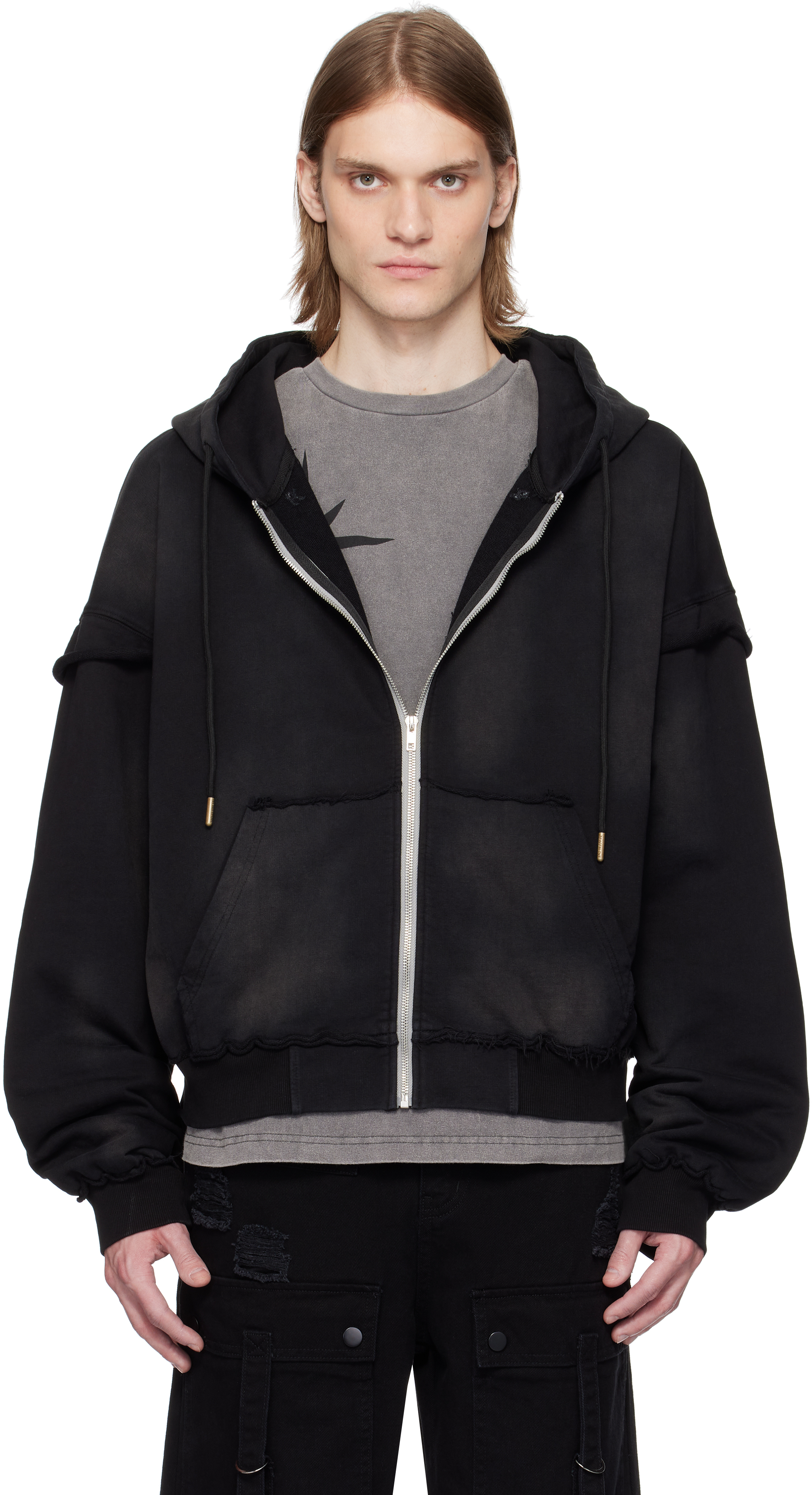 【関税込み】KUSIKOHC ブラック Distressed フーディ KUSIKOHC: Black Distressed Hoodie | SSENSE