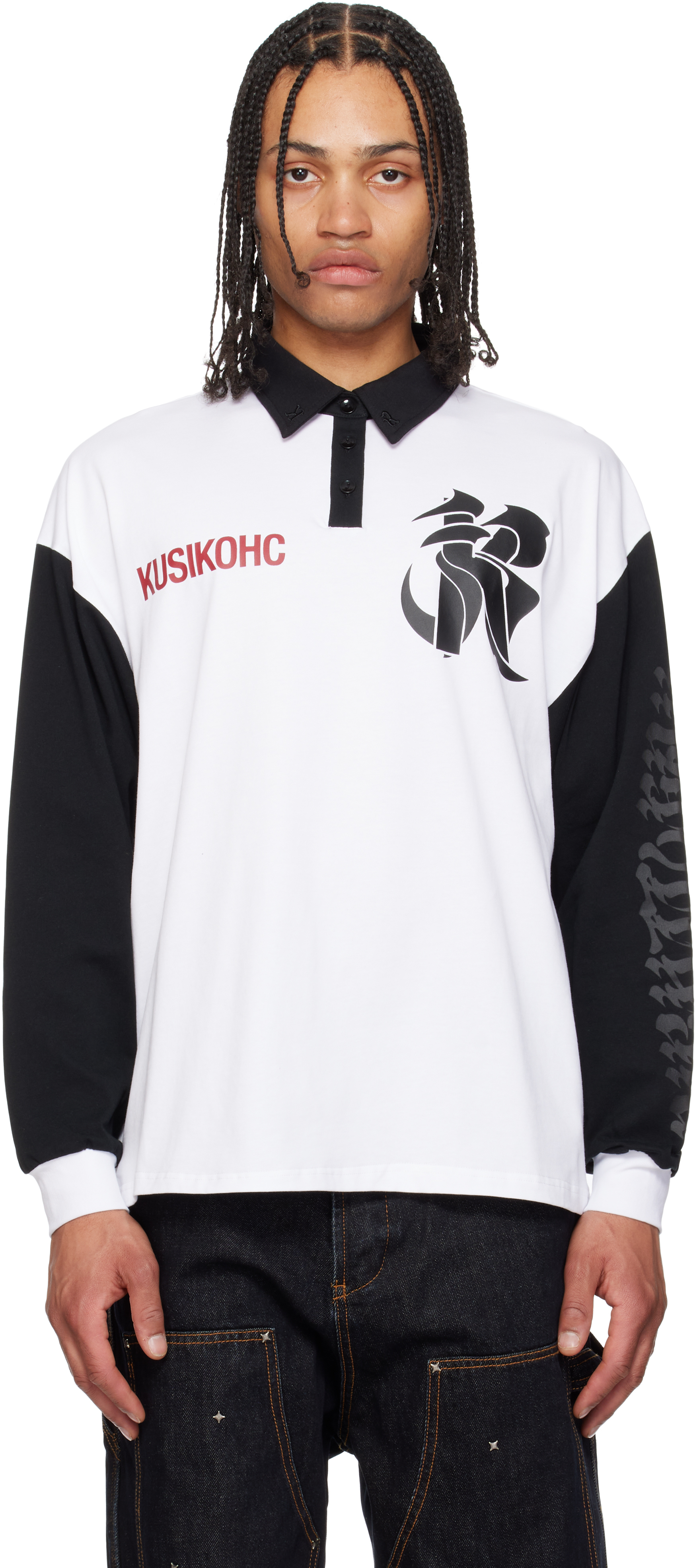White & Black Rugby Long Sleeve Polo by KUSIKOHC on Sale