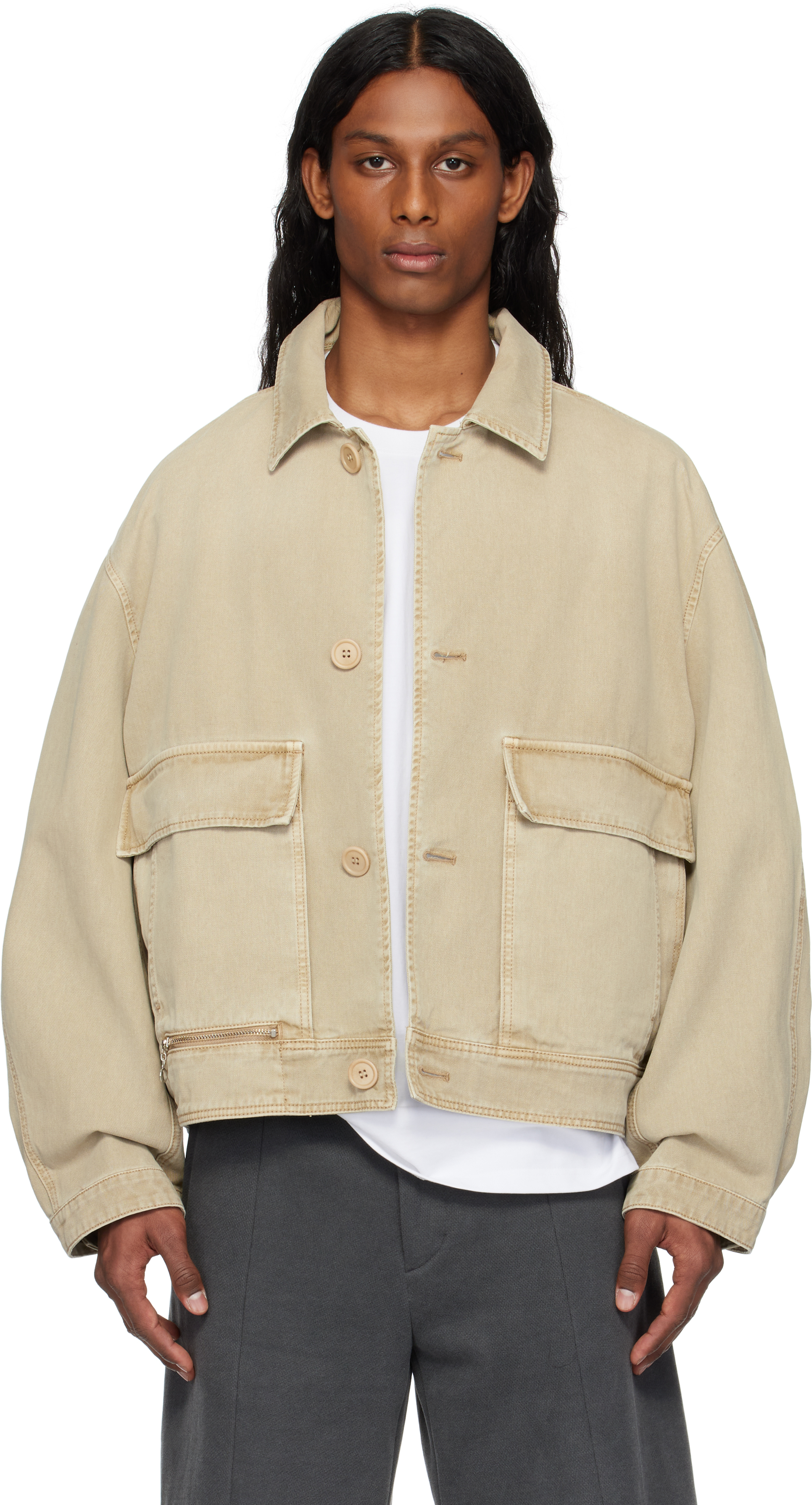 Beige Out Pocket Cotton Blouson Jacket