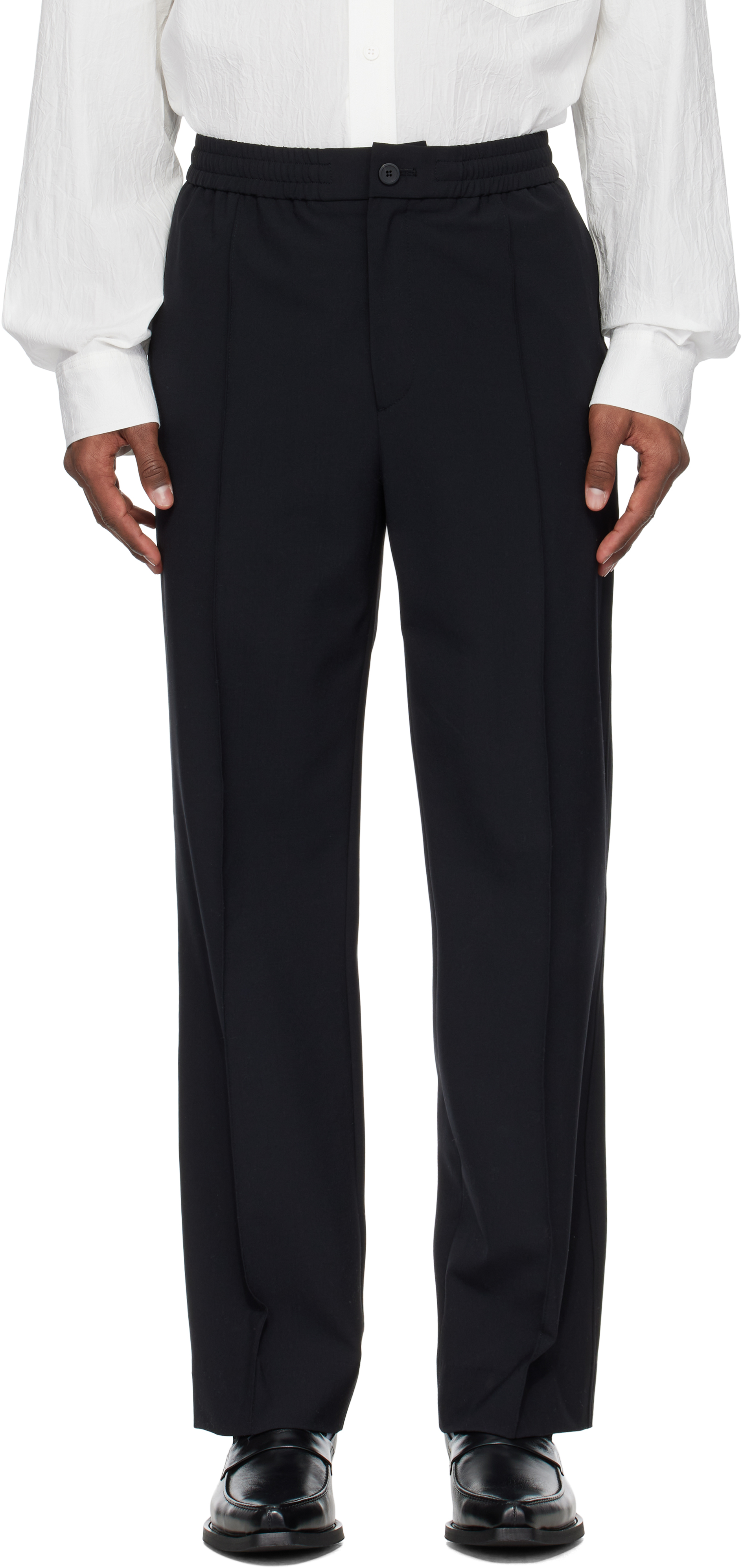 Black Wool Pintuck Banding Pants