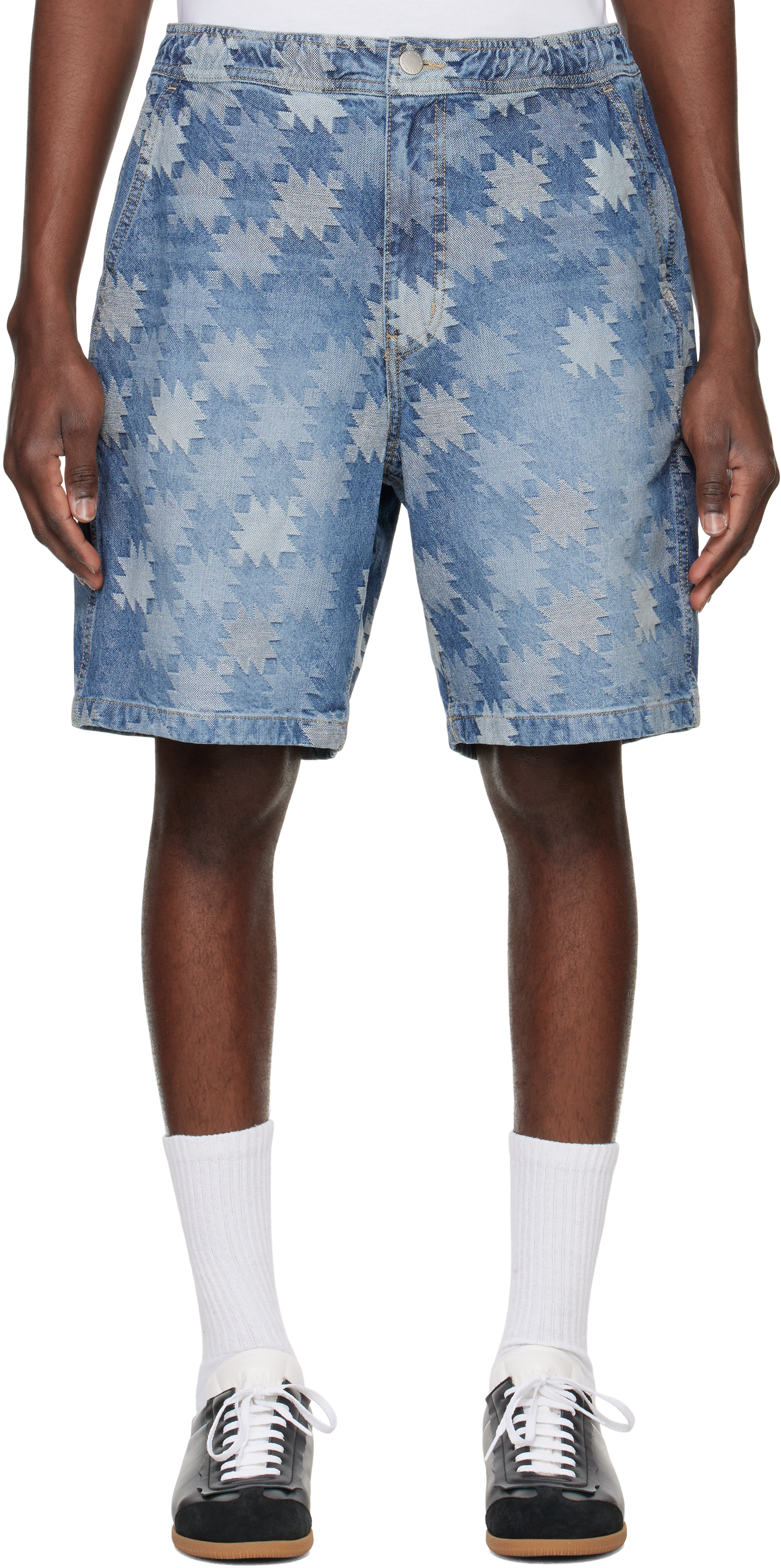 Solid Homme: Blue Graphic Pattern Denim Shorts | SSENSE