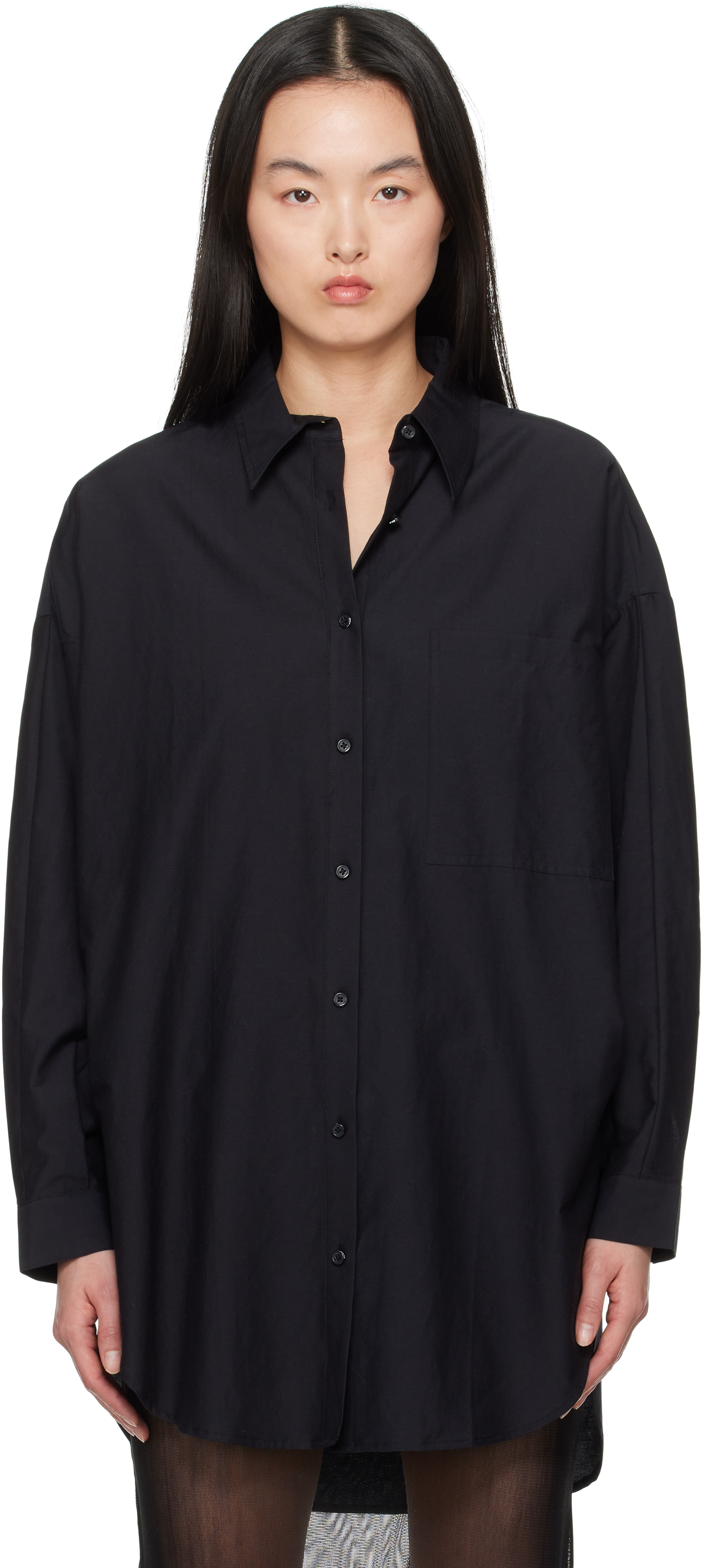 Black Cotton Silk Round Shirt