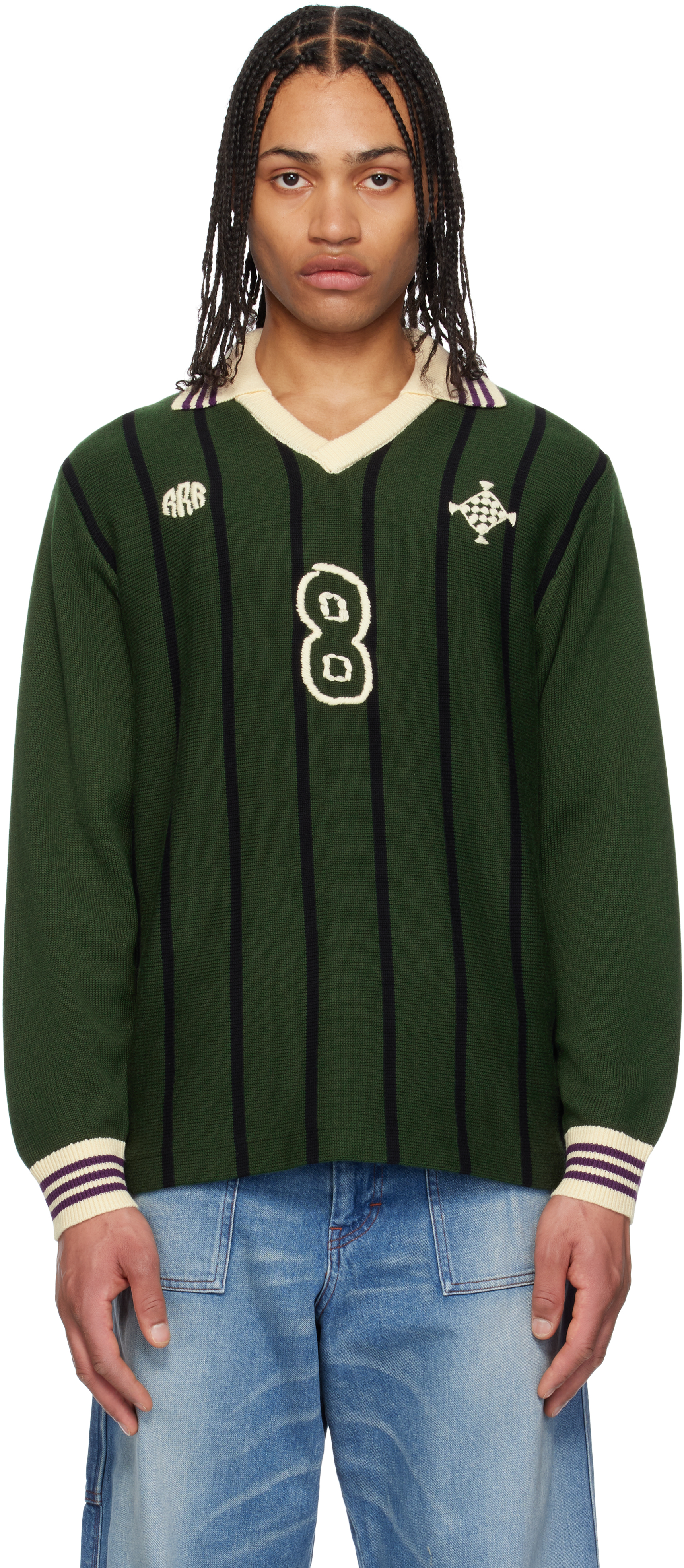 Green Knitting Long Sleeve Soccer Jersey Polo