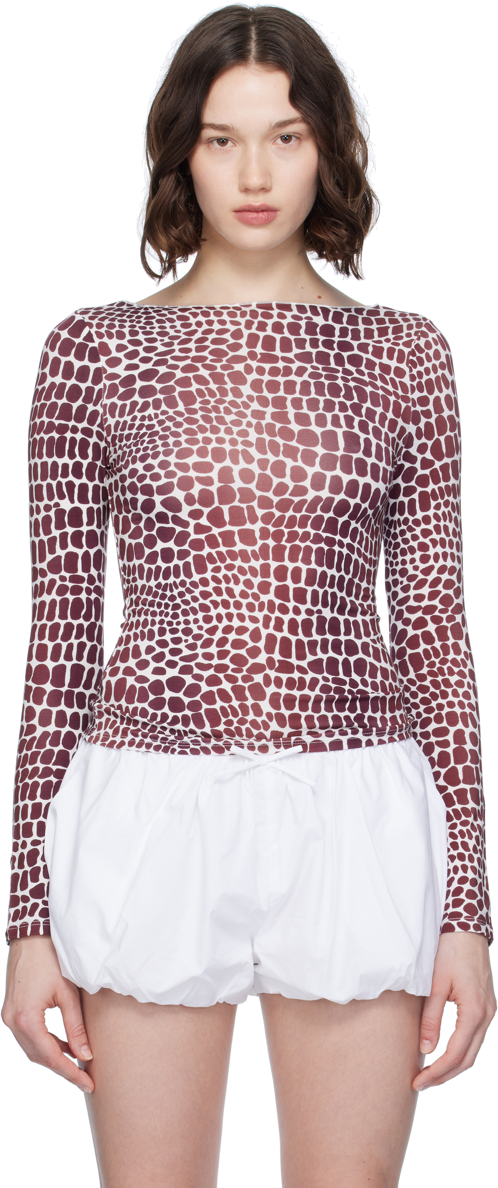 ★Miaou★ ホワイト Amelia Tシャツ White & Burgundy Amelia T-shirt by Miaou on Sale