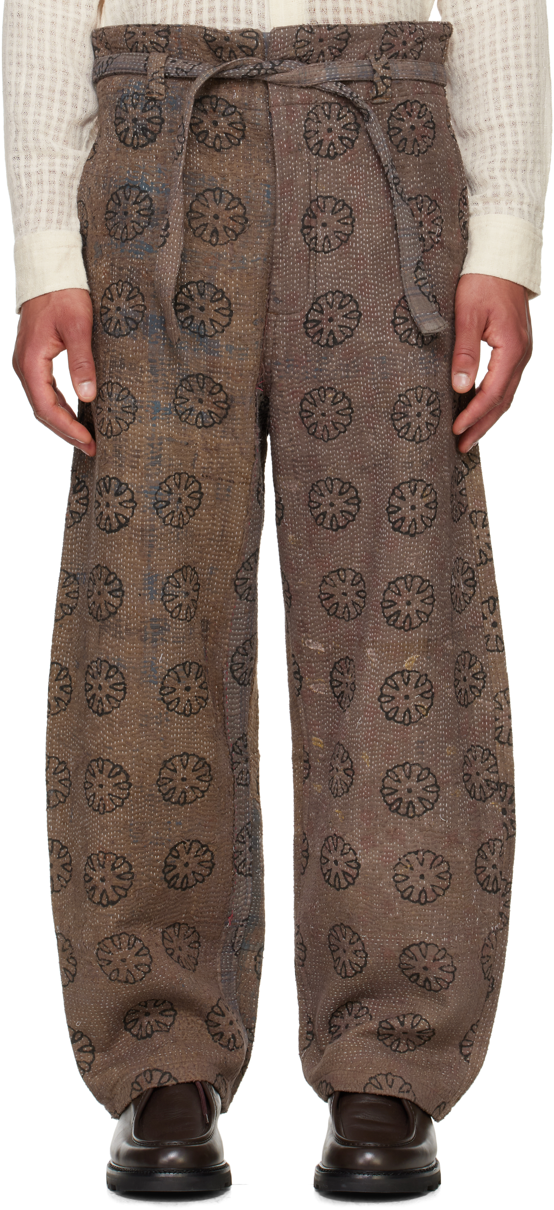 Shop Kartik Research Ssense Exclusive Brown Blockprint Kantha Trousers In Brown/black