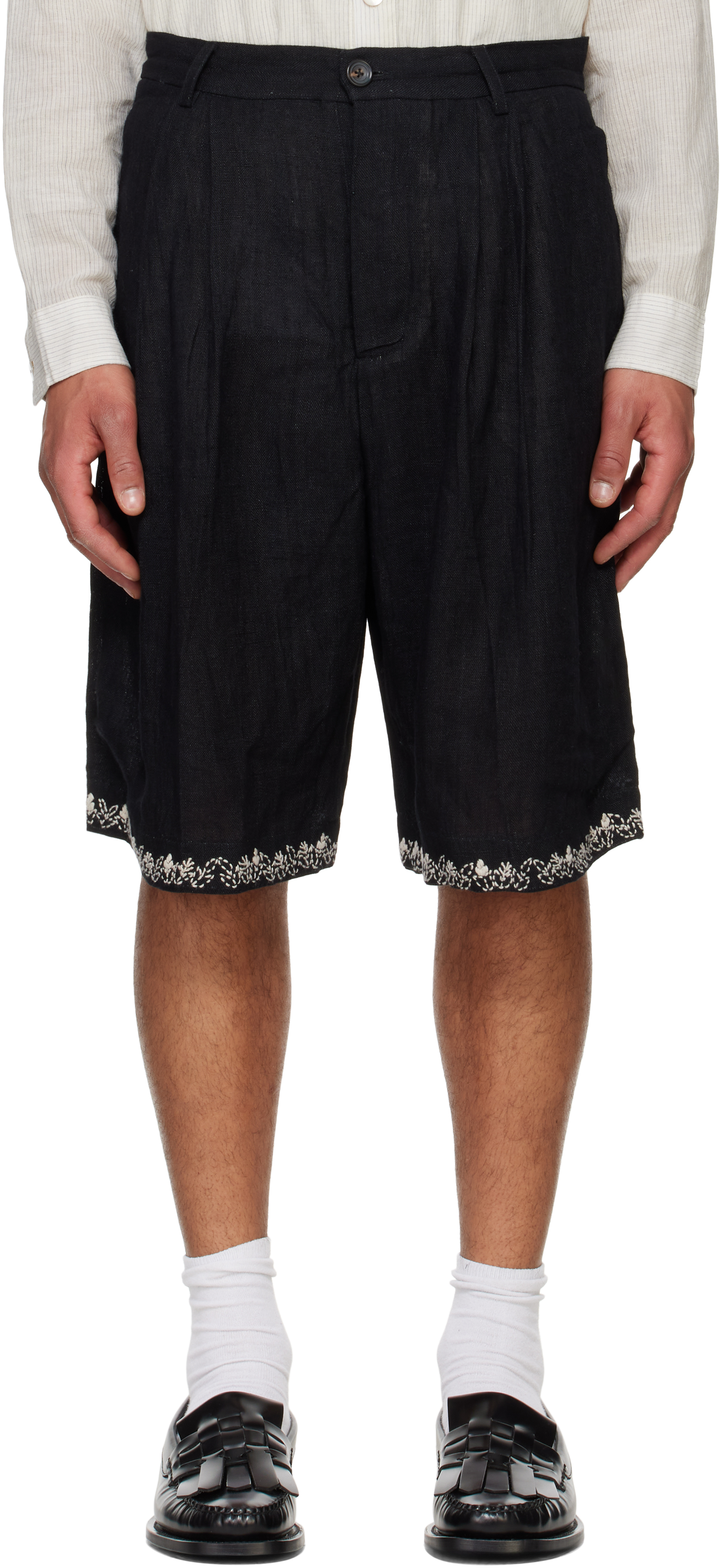 Black Linen Pleated Shorts