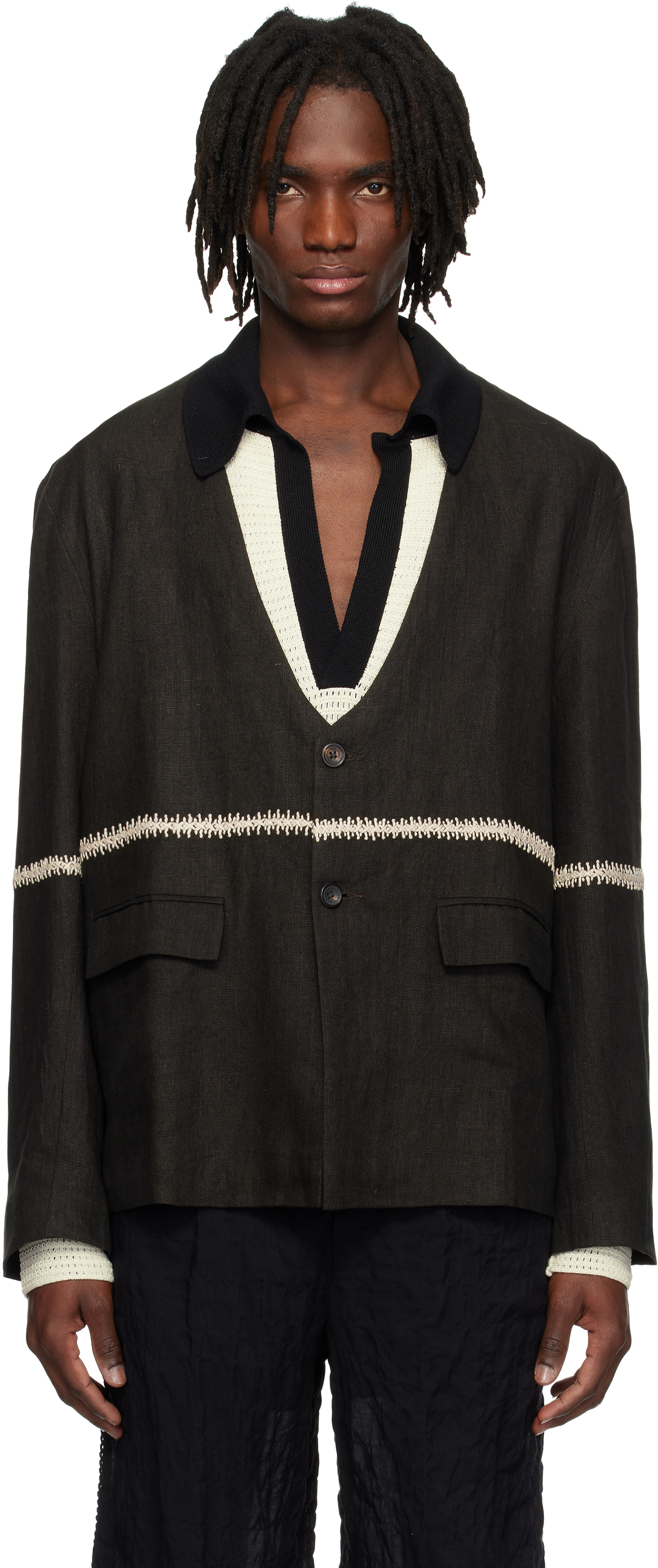 Shop Kartik Research Brown Collarless Blazer In Dark Brown/ecru