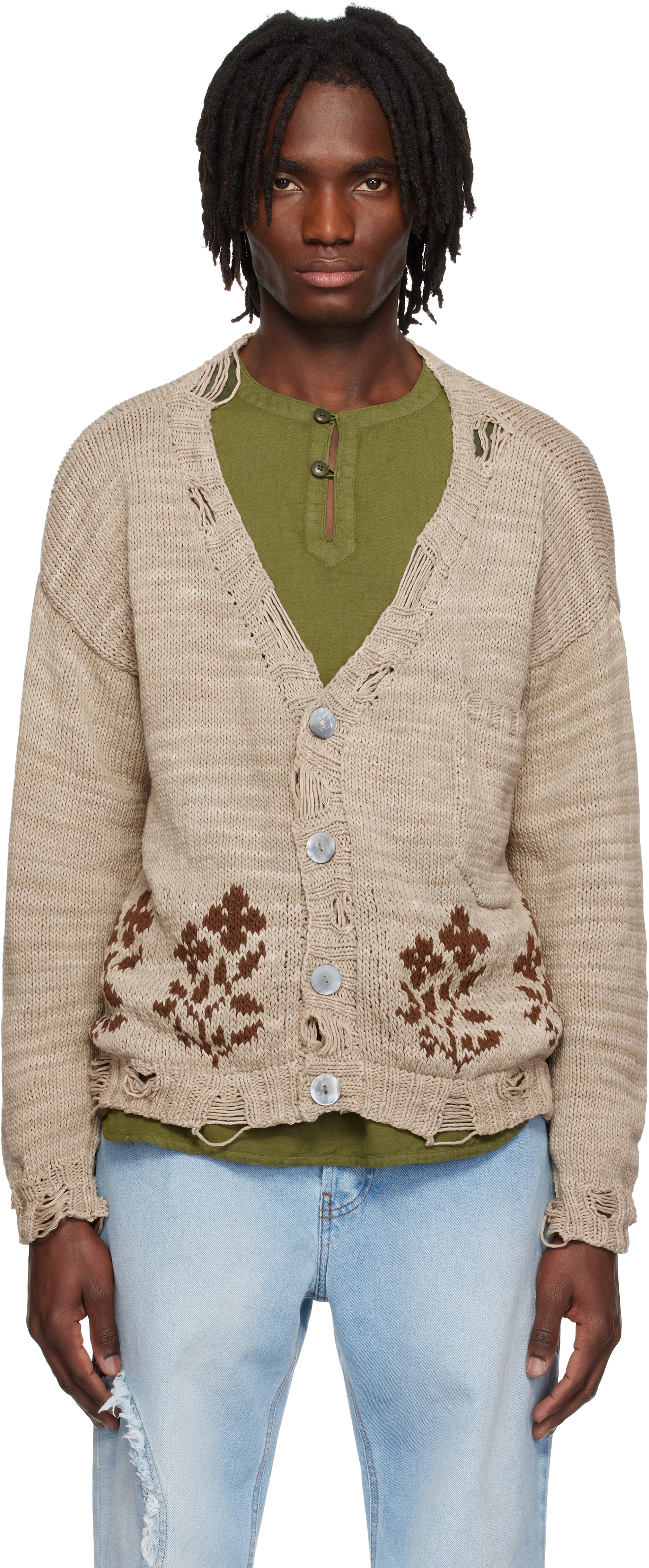 Shop Kartik Research Beige Distressed Cardigan In Beige/brown