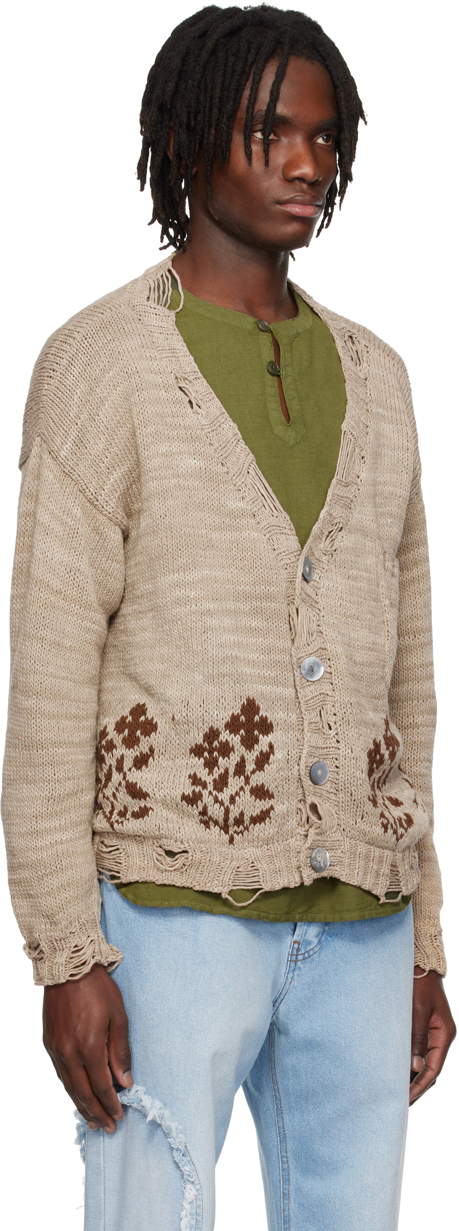 Shop Kartik Research Beige Distressed Cardigan In Beige/brown