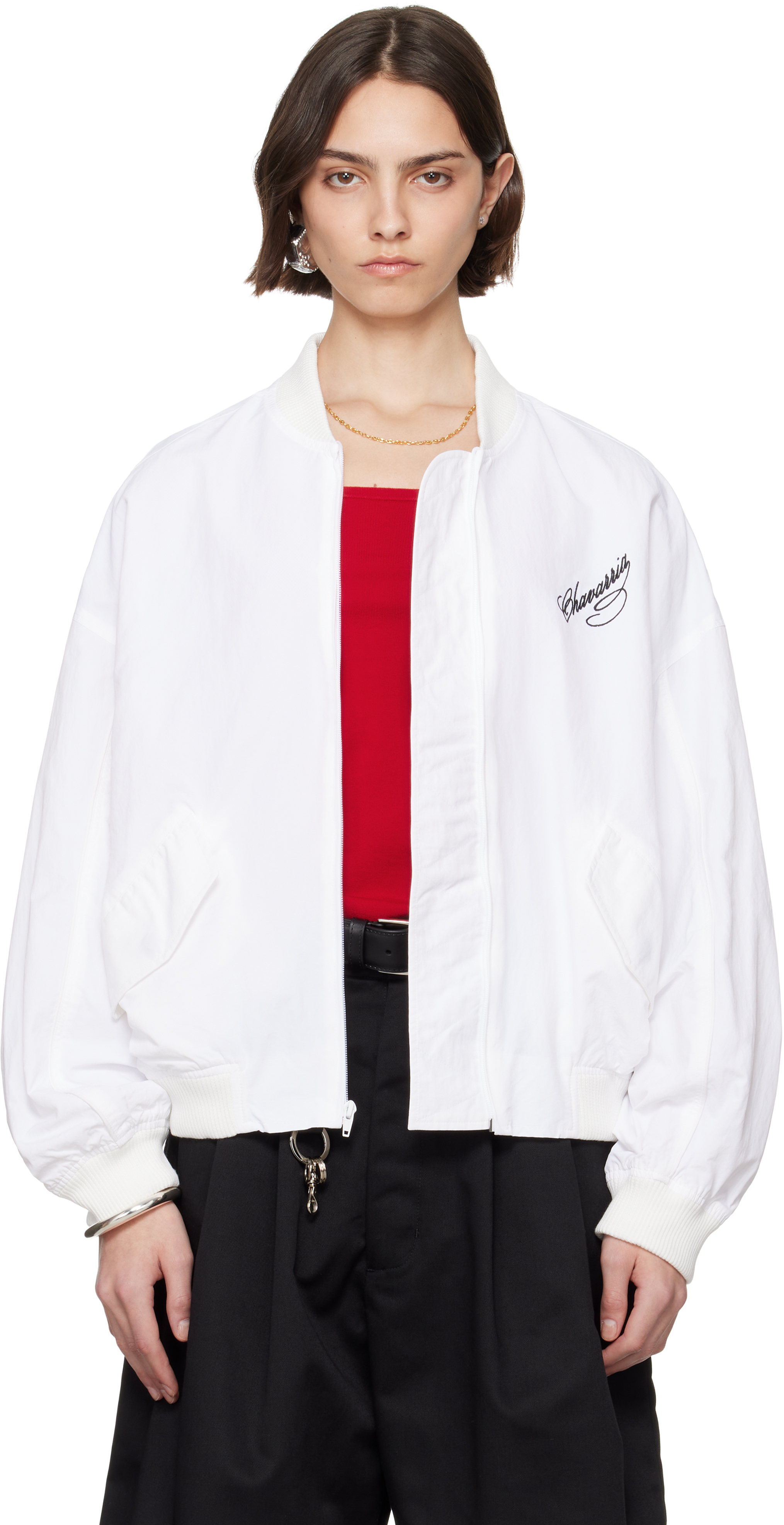 Willy Chavarria White Embroidered-logo Bomber Jacket