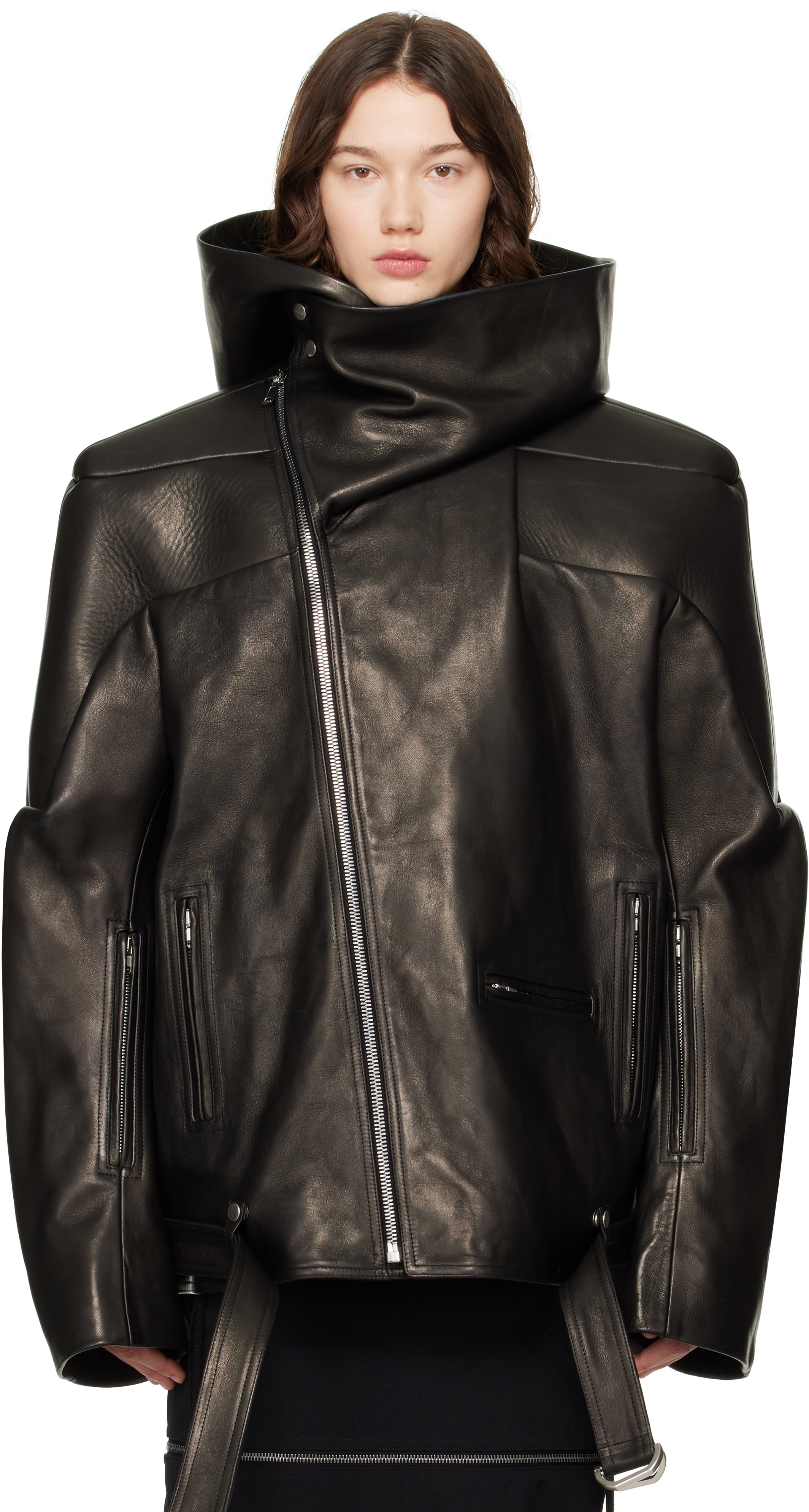 Rick Owens Black Hollywood Jumbo Stooges Cropped Leather Jacket