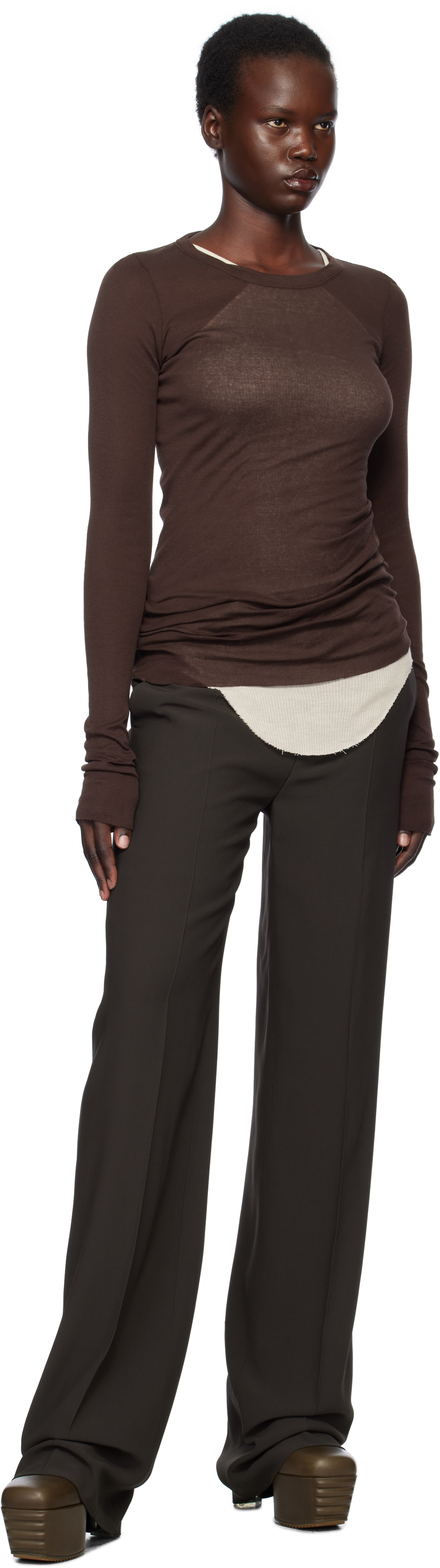 Rick Owens Rib Ls T Ribbed T-shirt In 14 Mahogany