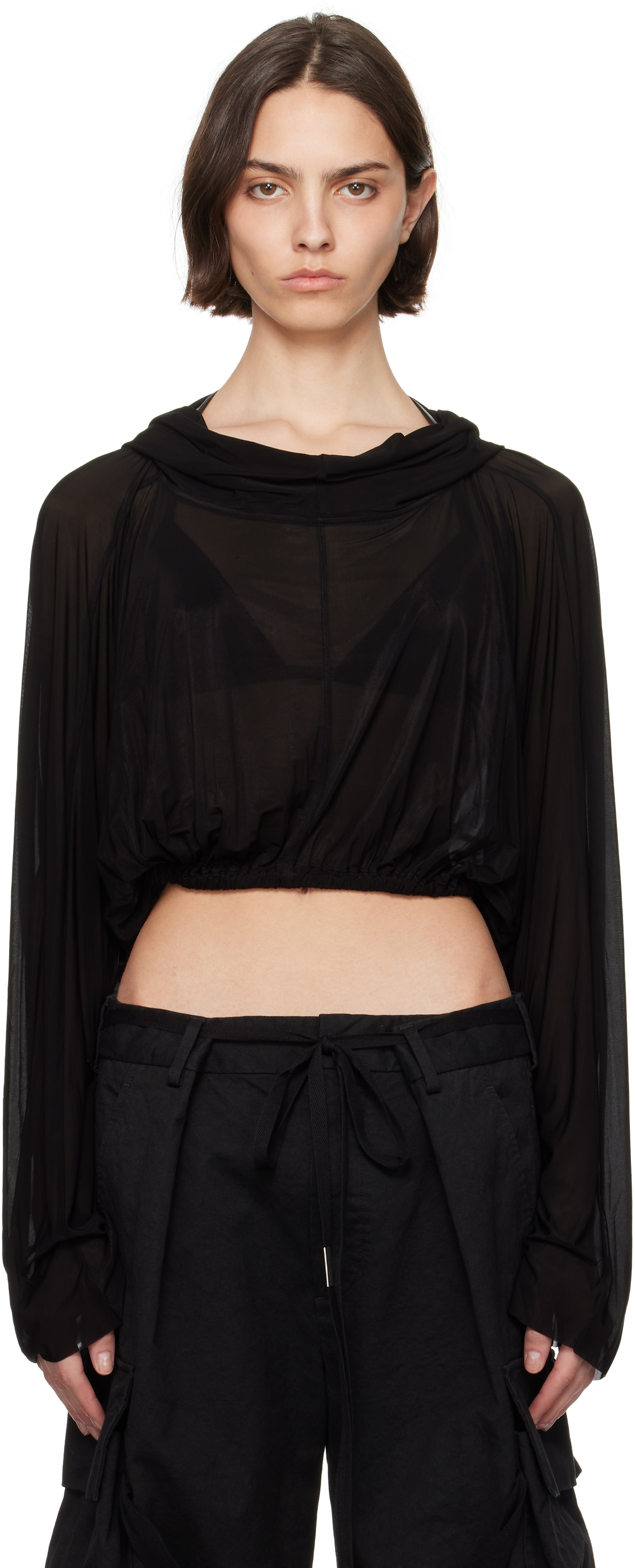 Rick Owens Black Hollywood Cropped Hooded Tunic Top
