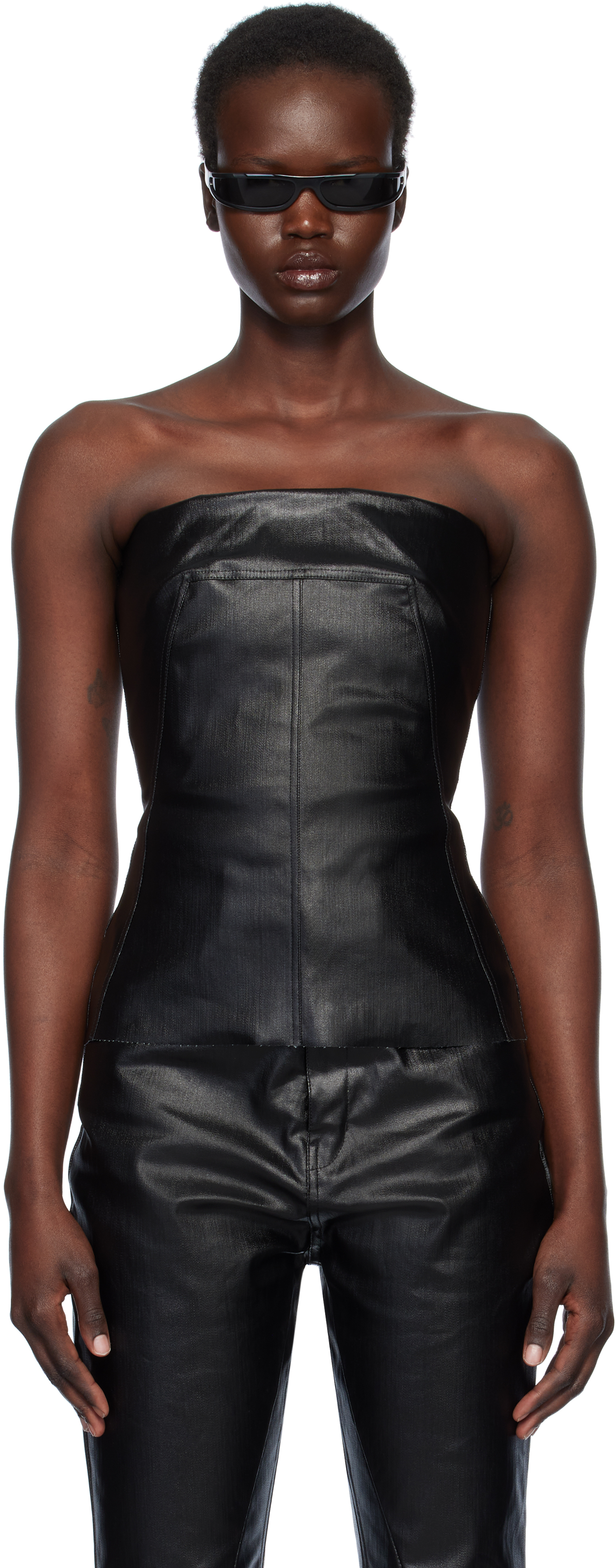 Rick Owens Black Hollywood Coated Stretch Denim Bustier Top In 09 Black