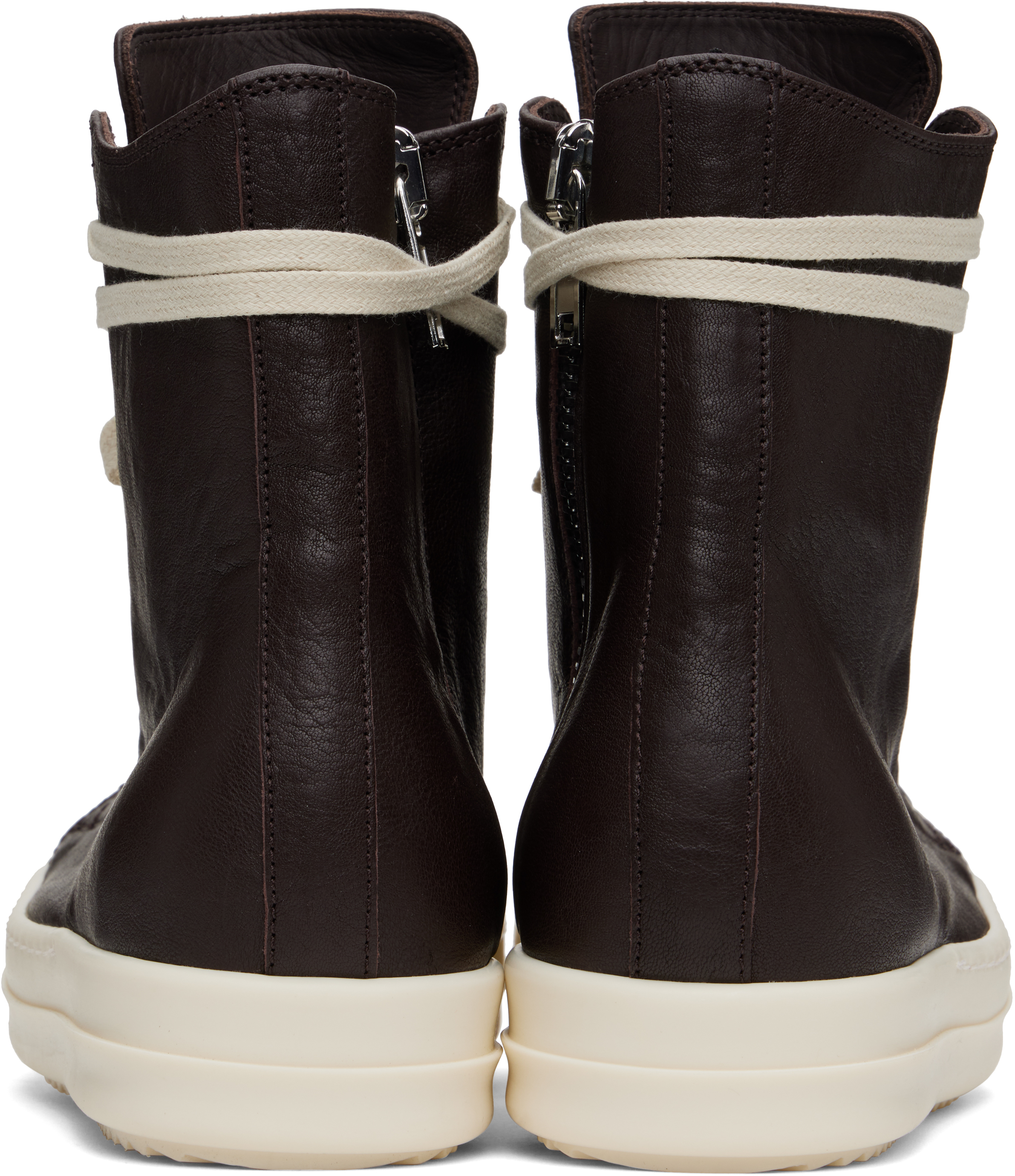 Rick Owens Black High Top Sneakers With Oversized Laces In Leather In 1411 Mahogany/milk