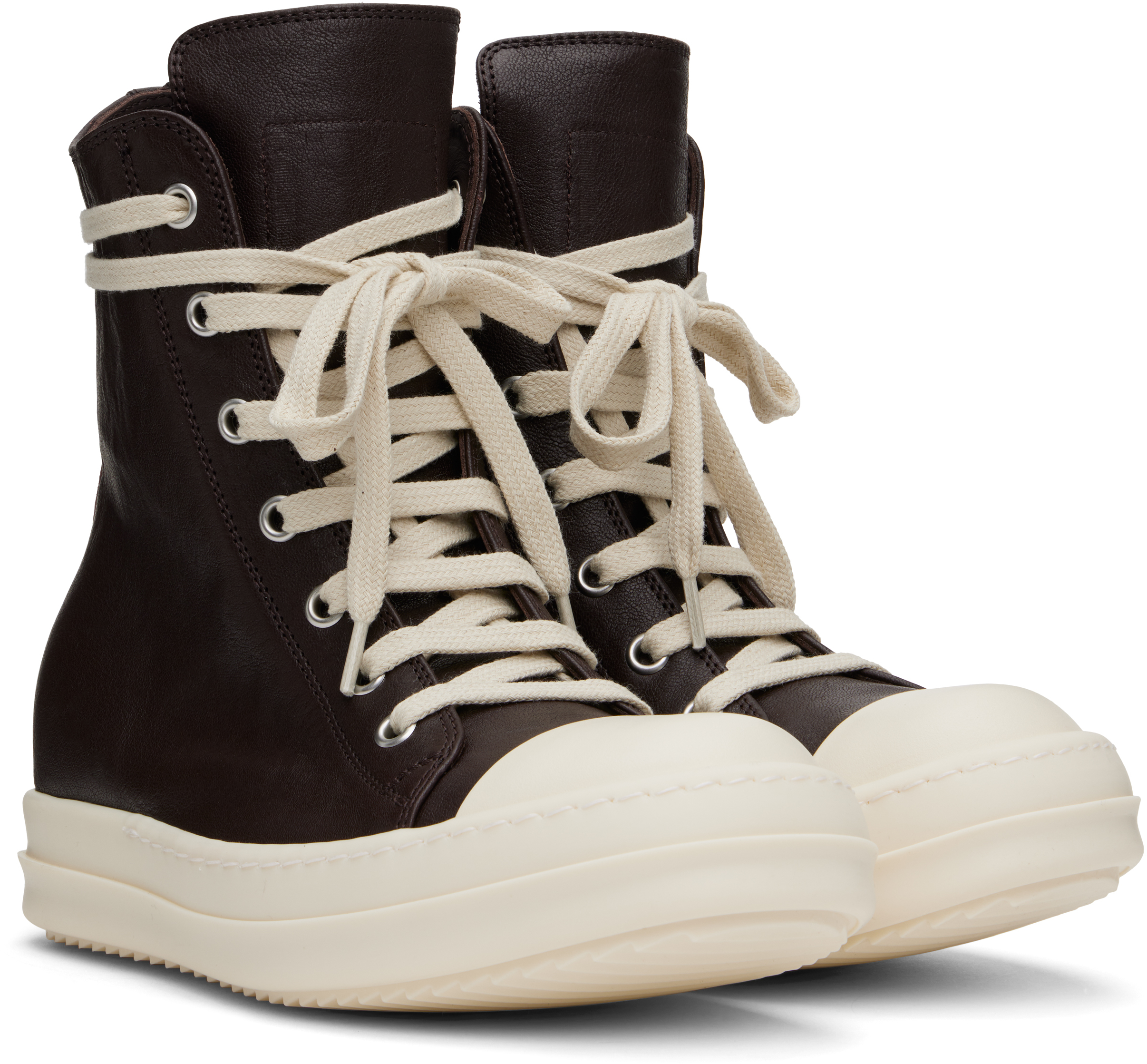 Rick Owens Black High Top Sneakers With Oversized Laces In Leather In 1411 Mahogany/milk