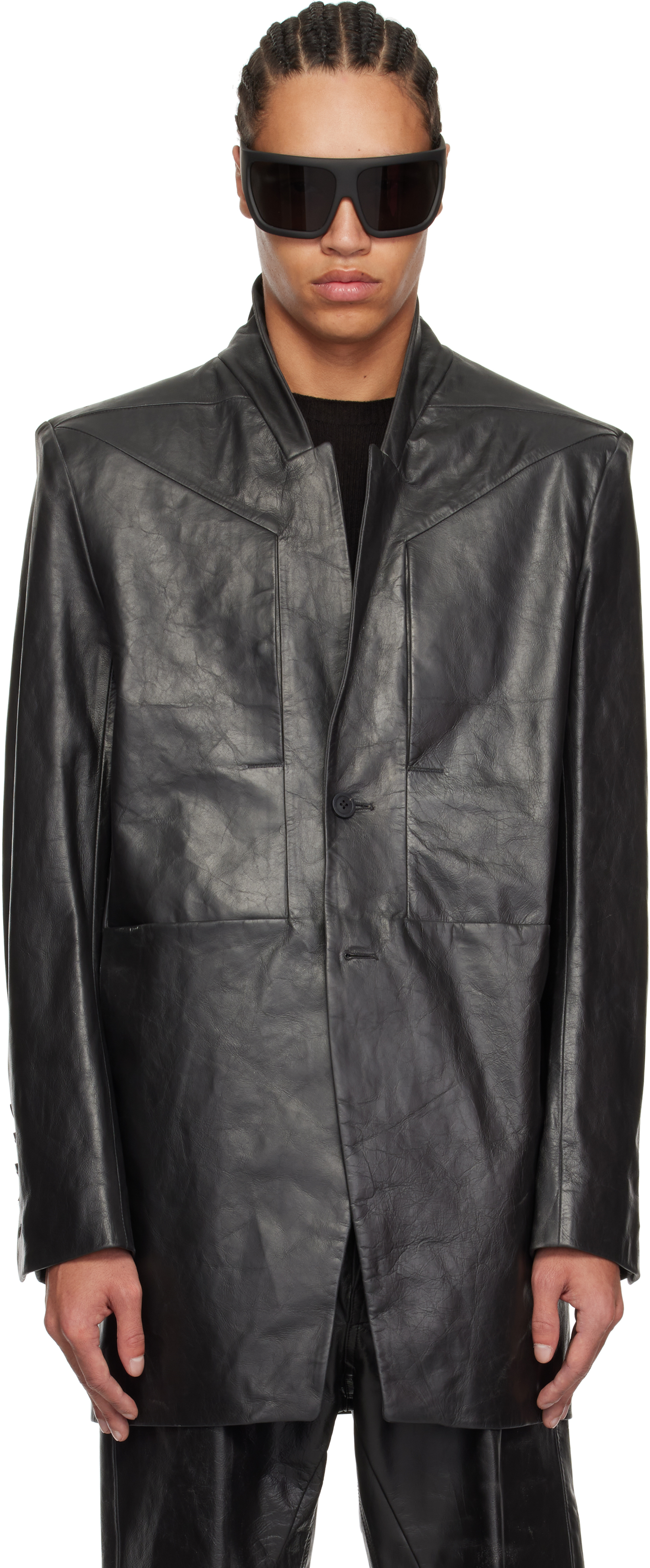 Black Hollywood Lido Leather Jacket by Rick Owens on Sale