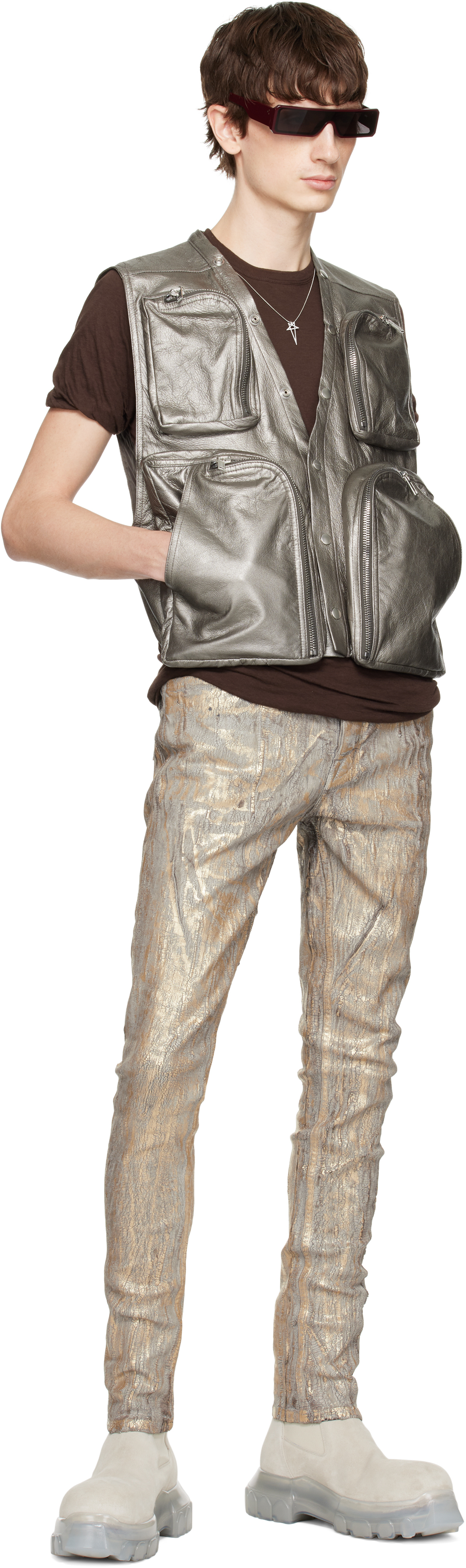 Rick Owens Silver Hollywood Cargo Leather Vest In 68 Gunmetal