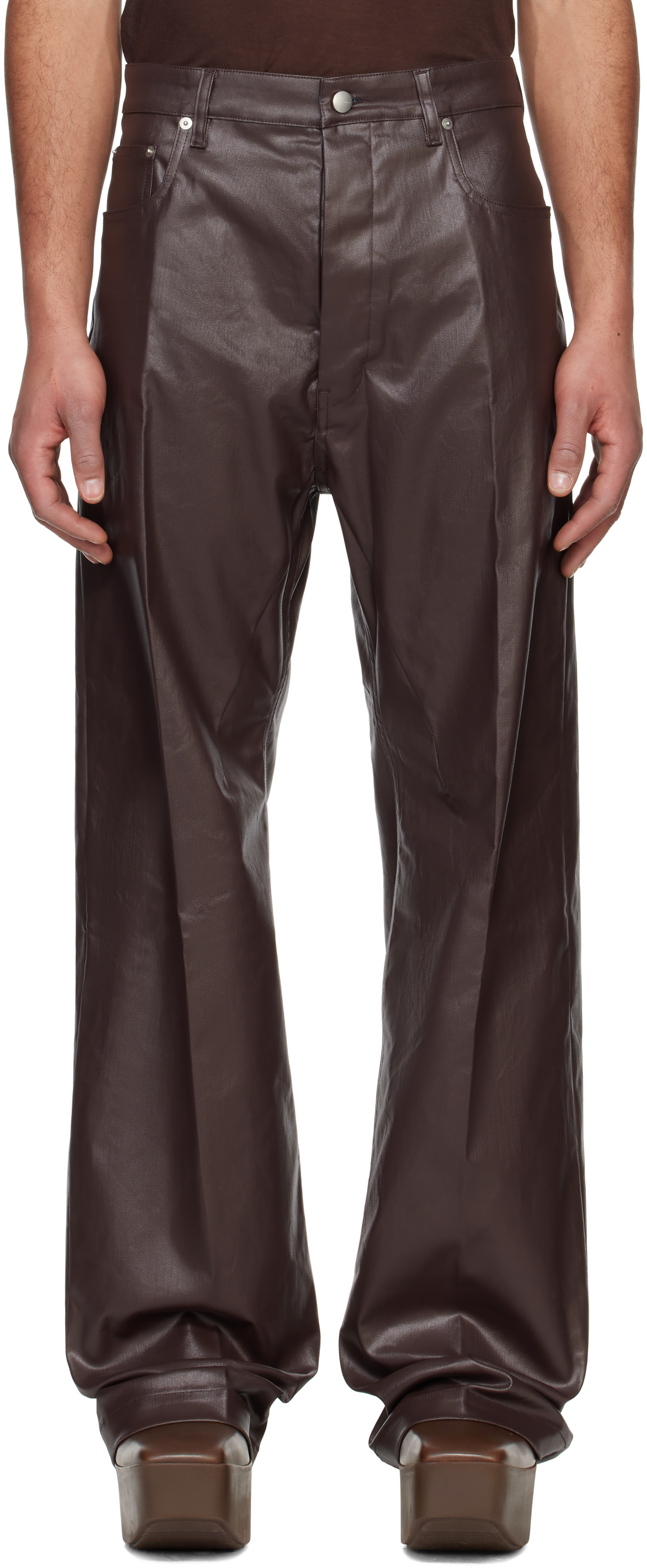 Brown Hollywood Coated Geth Jeans by Rick Owens on Sale