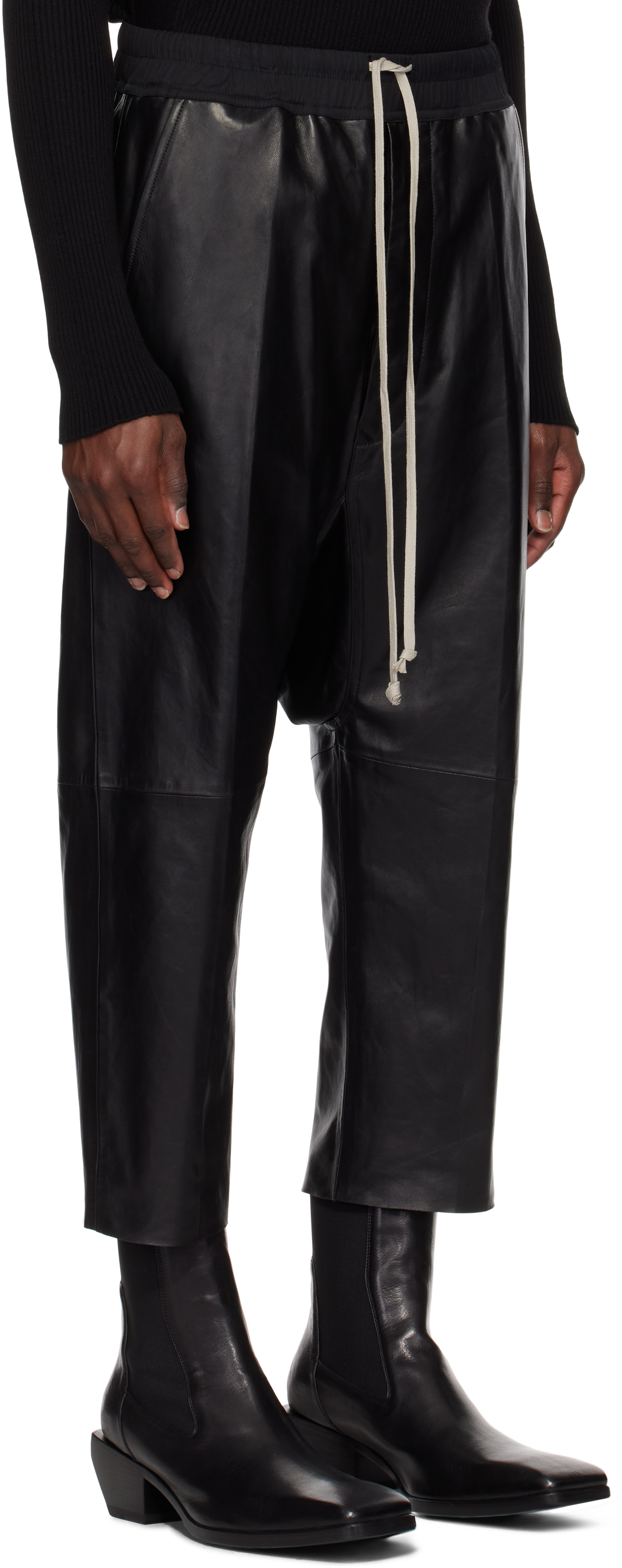 Rick Owens Black Hollywood Drawstring Cropped Leather Pants In 09 Black