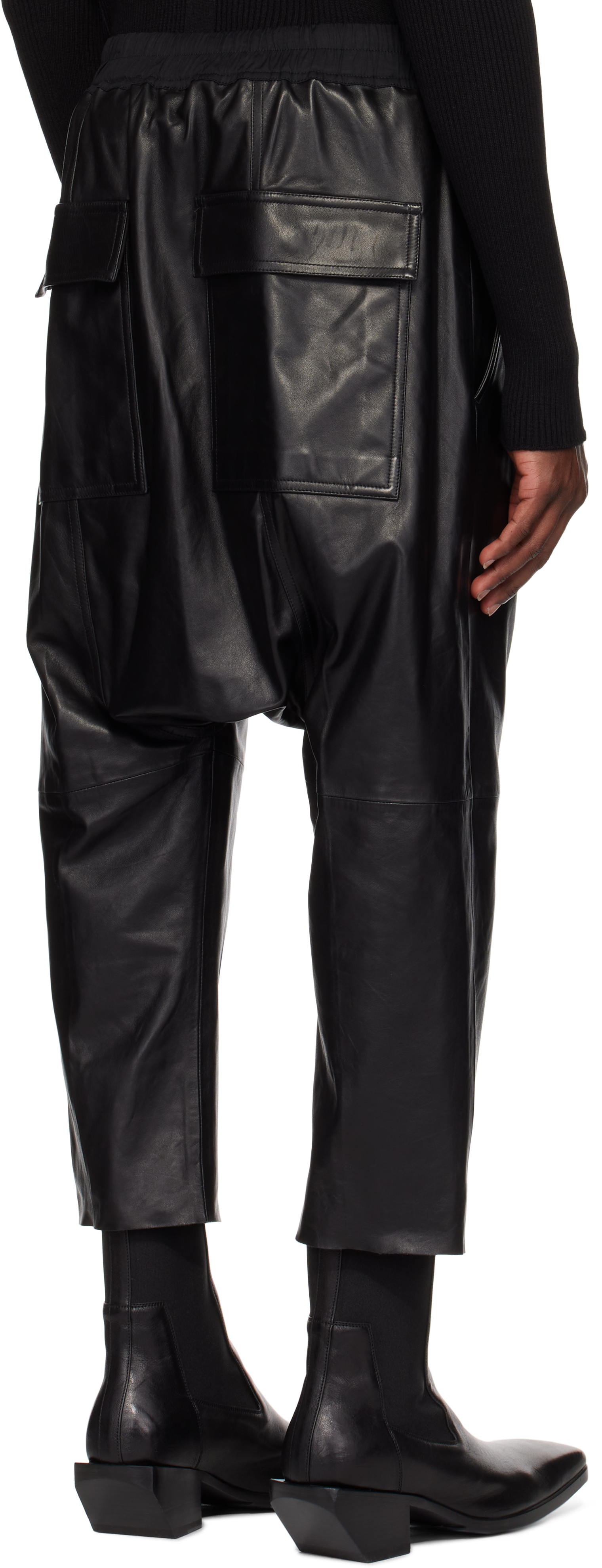 Rick Owens Black Hollywood Drawstring Cropped Leather Pants In 09 Black