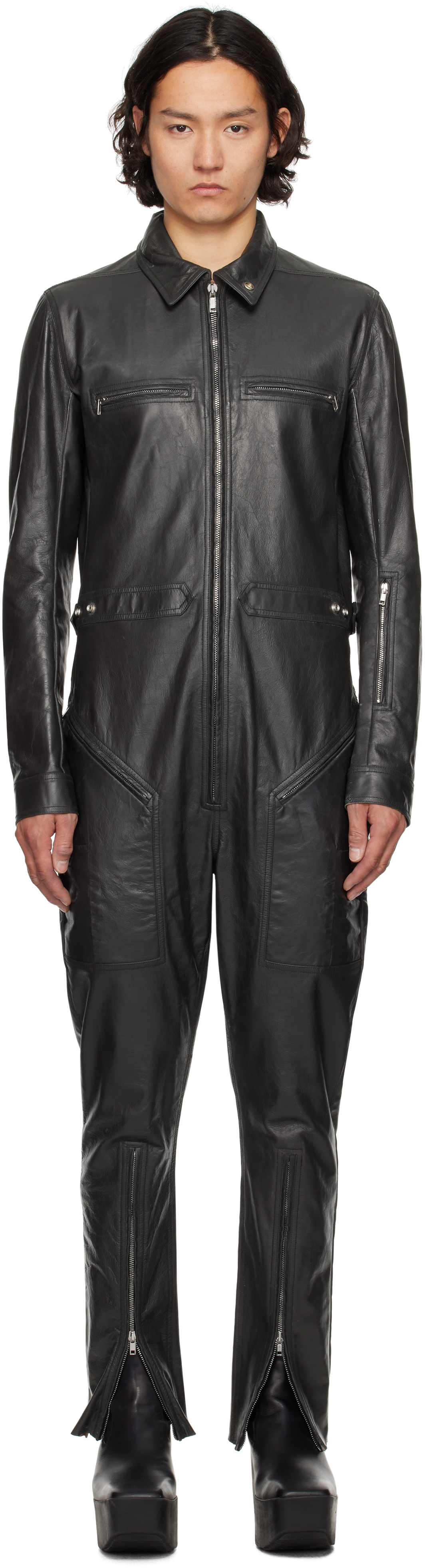 Rick Owens: ブラック Hollywood Headon フライトスーツ レザー Rick Owens: ブラック Hollywood Headon フライトスーツ レザー