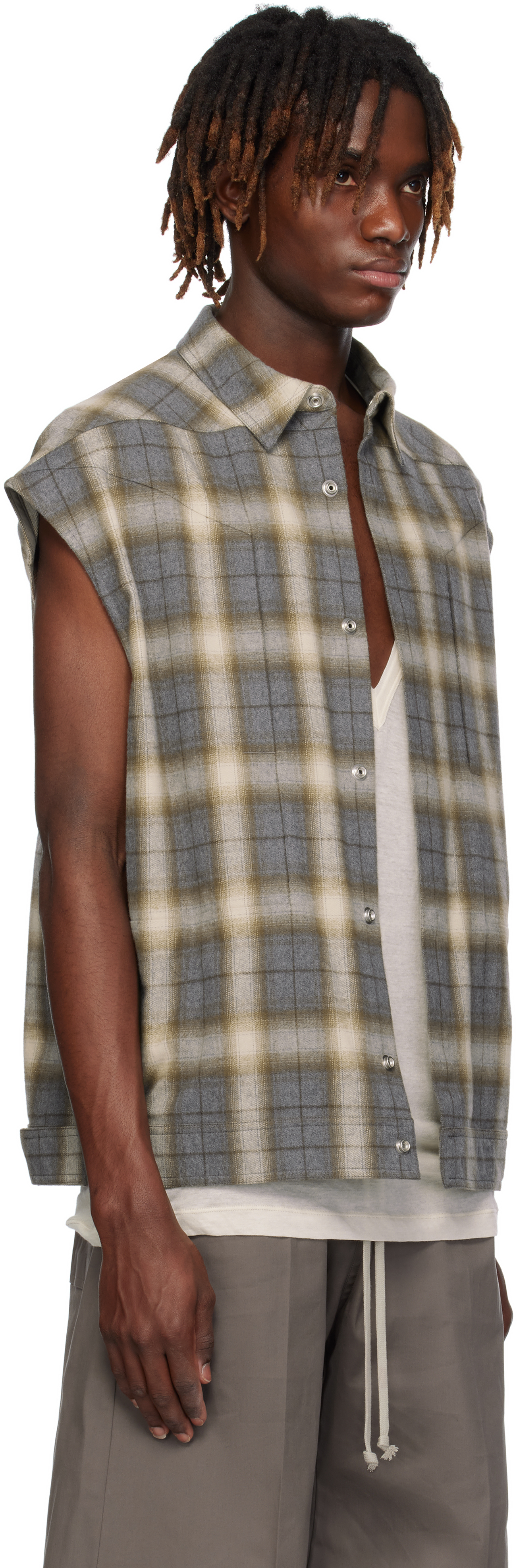 Rick Owens Sleeveless Multicolor Cotton Jacket With Classic Collar In 158p Grey Plaid
